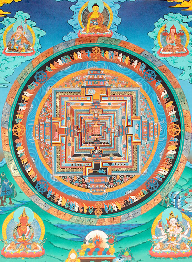 Download Kalachakra Mandala with Padmasambhava, Shakyamuni, Tsongkhapa Atop and Amitayus and ...