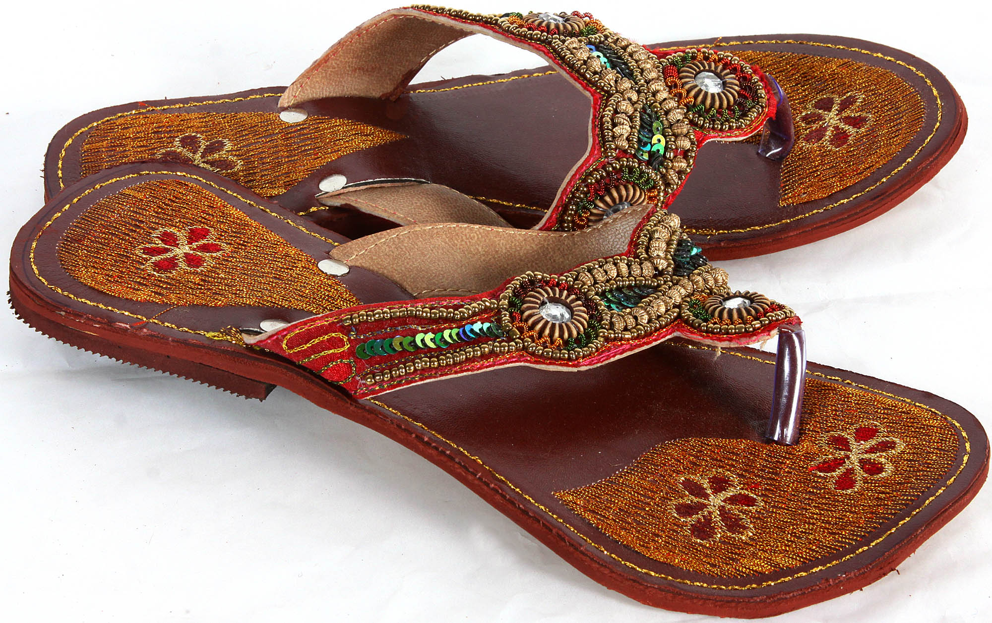 Dark-Maroon Sandals with Sequins and Beads