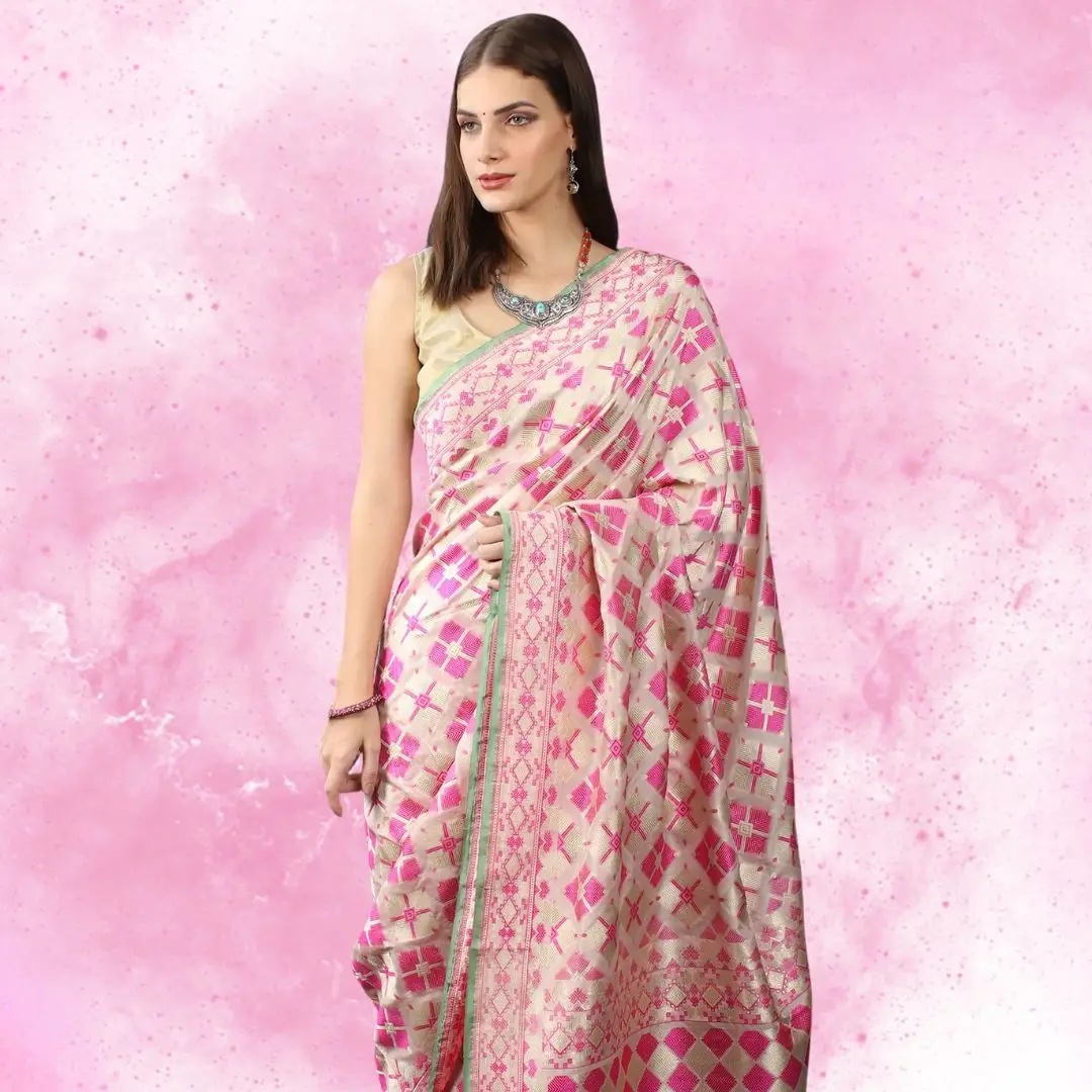 Pearl white andhra cotton saree with all-over unique buttas, contrast  border of intricate designs & pallu of stripes
