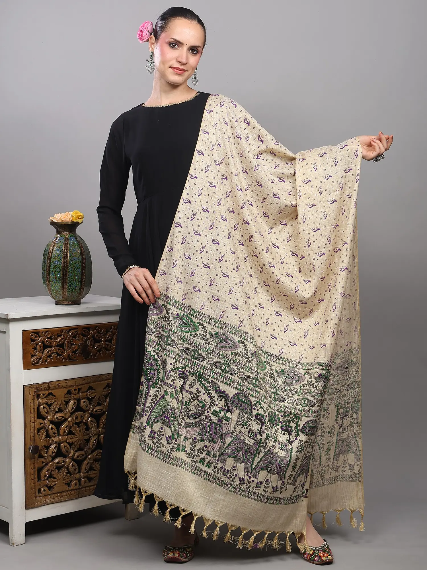 Khadi Beige Dupatta with Madhubani Art from Bihar