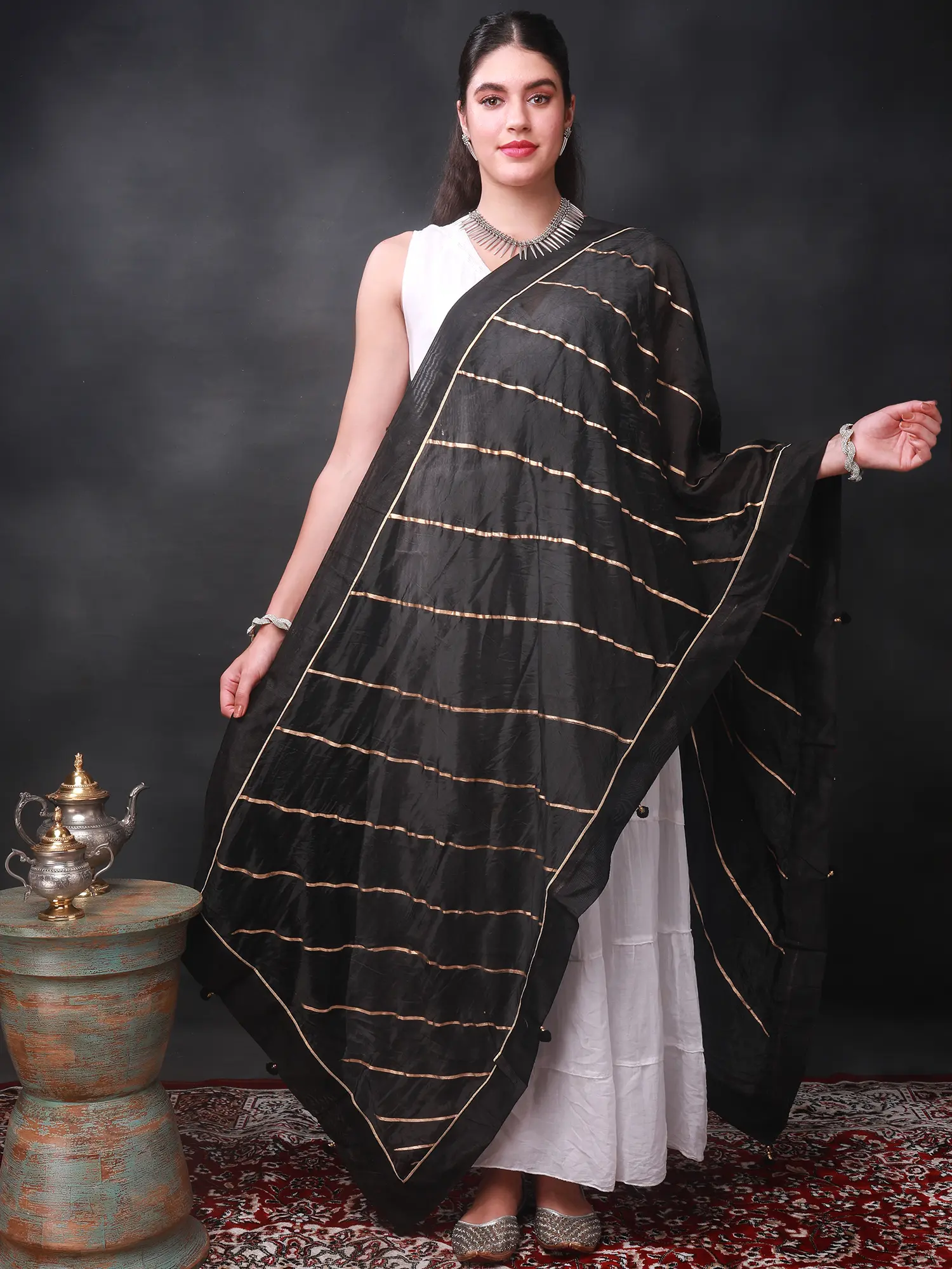 Gota Dupatta from Amritsar with Patch Border and Pom-Poms