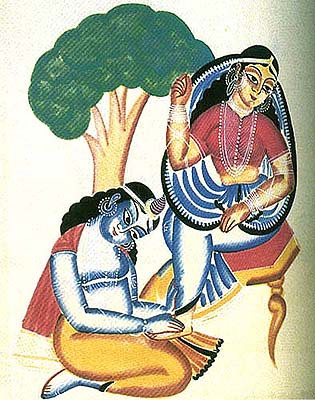 Krishna at Radha's Feet (Kalighat Painting- Watercolor on 
Newsprint)