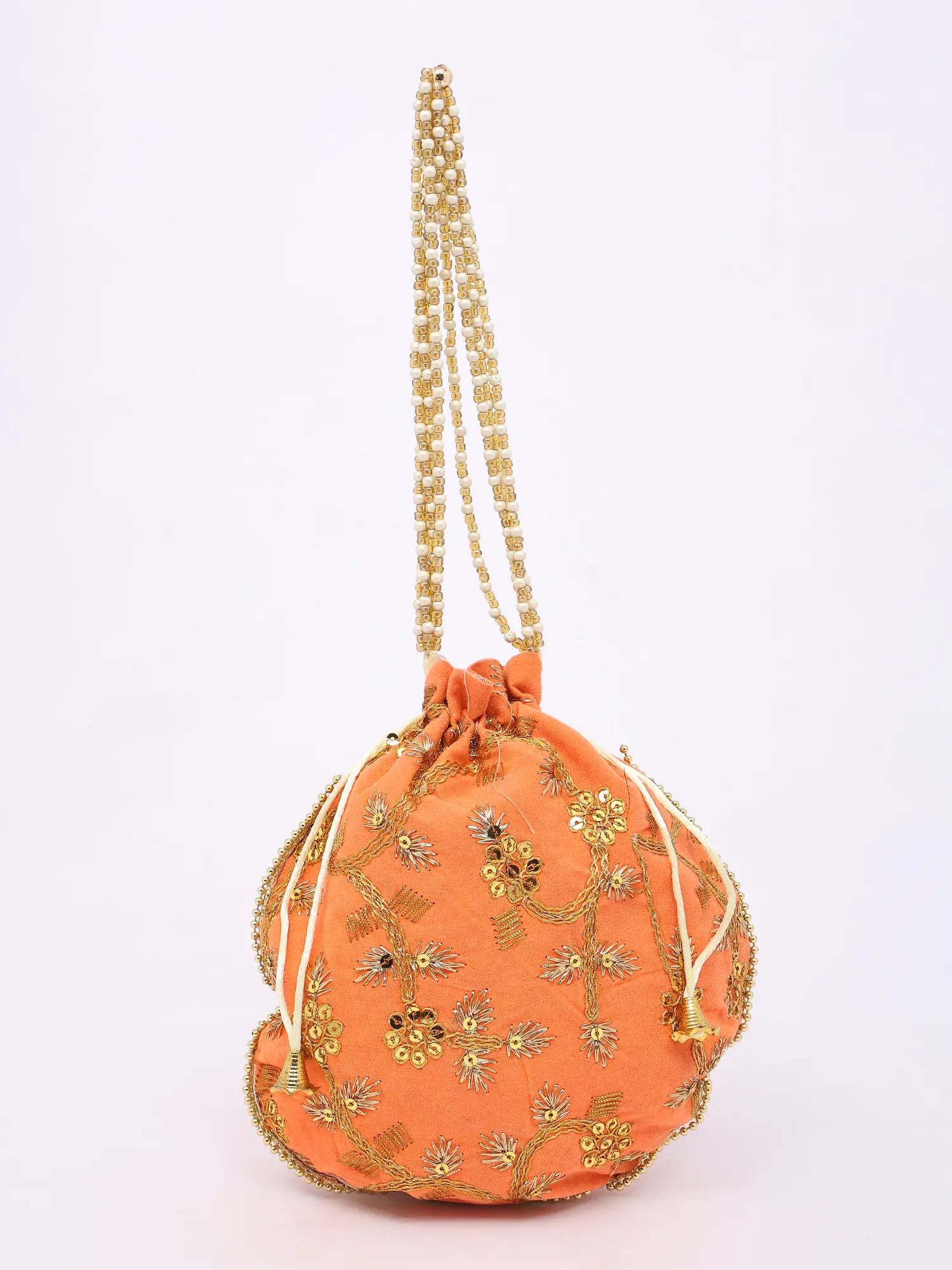 Potli Bag with Beaded Handle and Golden Thread work & Sequins
