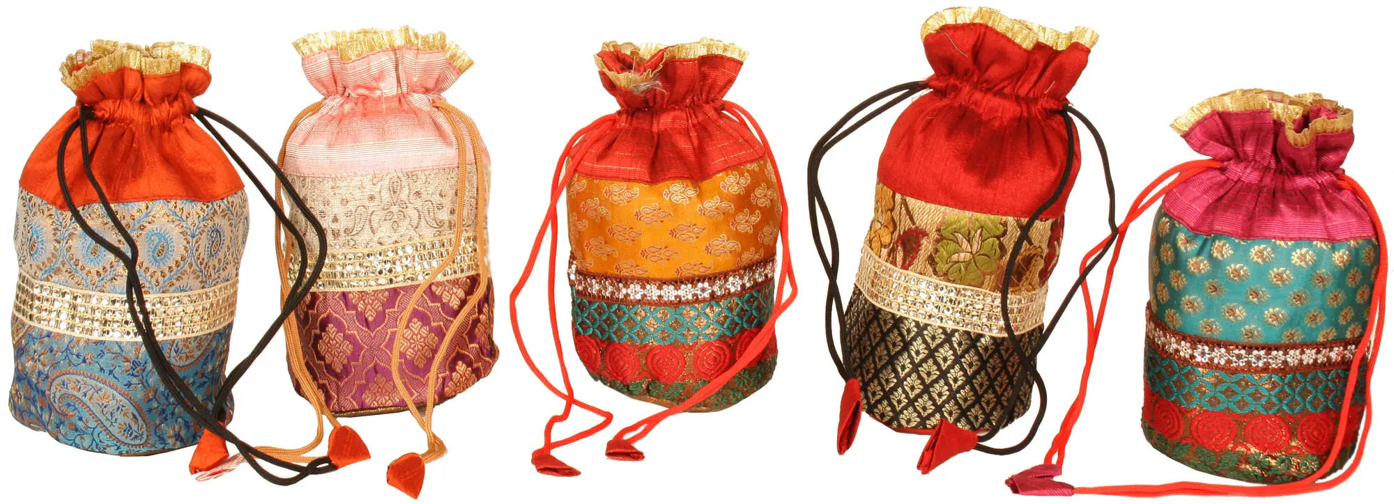 Lot of Five Drawstring Potli Bags with Brocade Weave