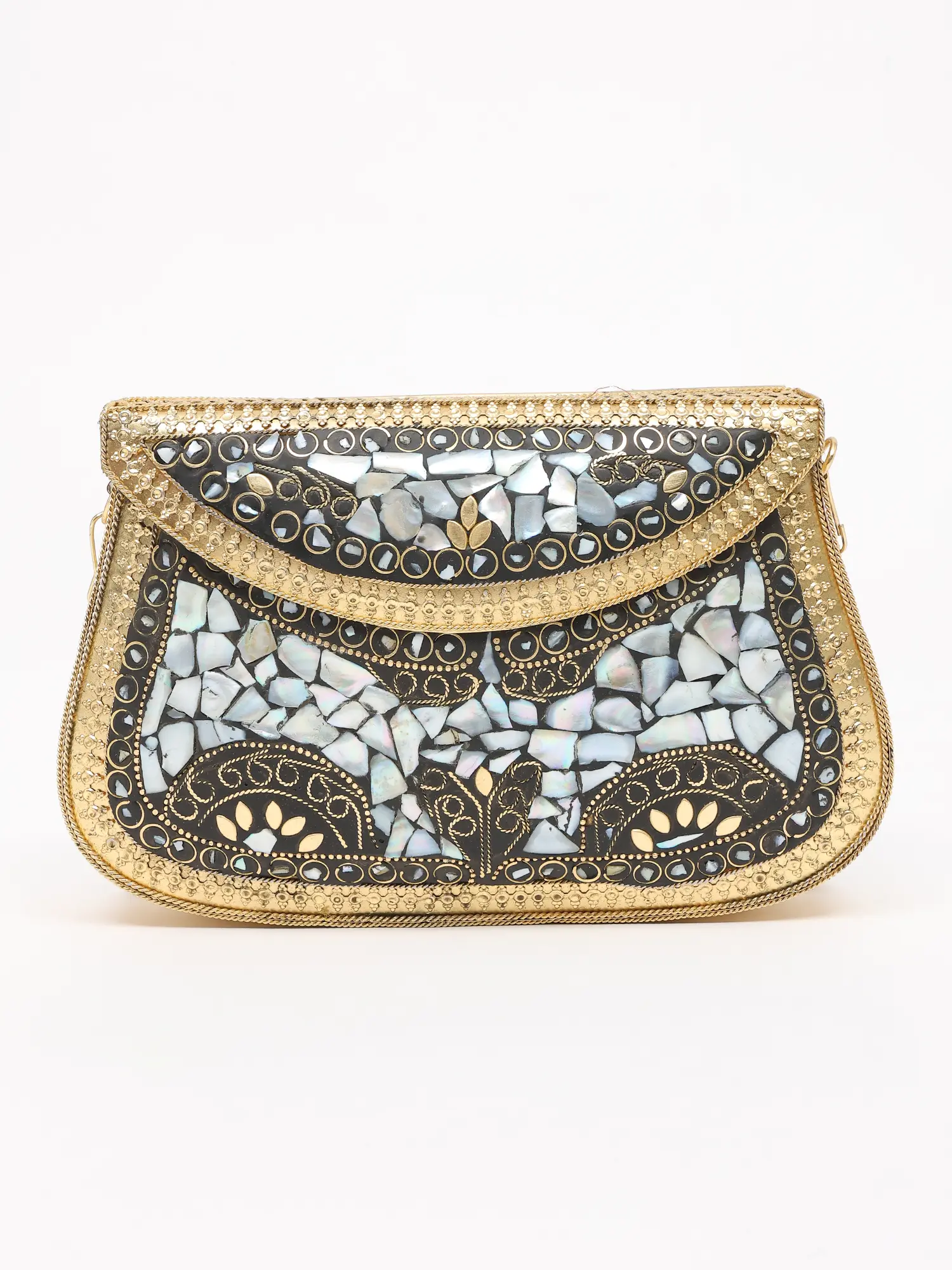 Handmade Mosaic work Metal Clutch Hand Bag with Chain Strap