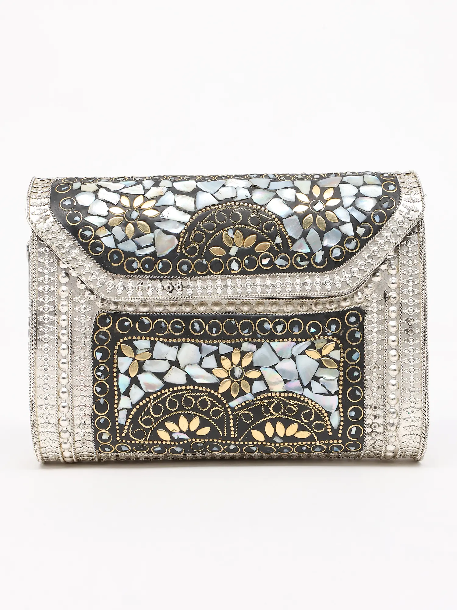 Handmade Metal Clutch Bag with Mosaic Stone work with Detachable Chain Strap