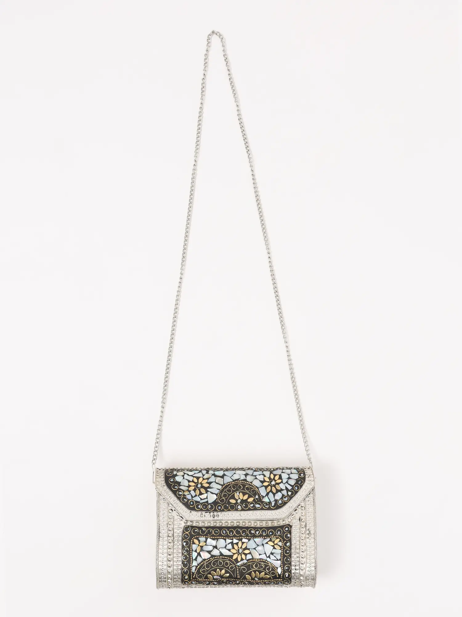 Handmade Metal Clutch Bag with Mosaic Stone work with Detachable Chain Strap, alternate view