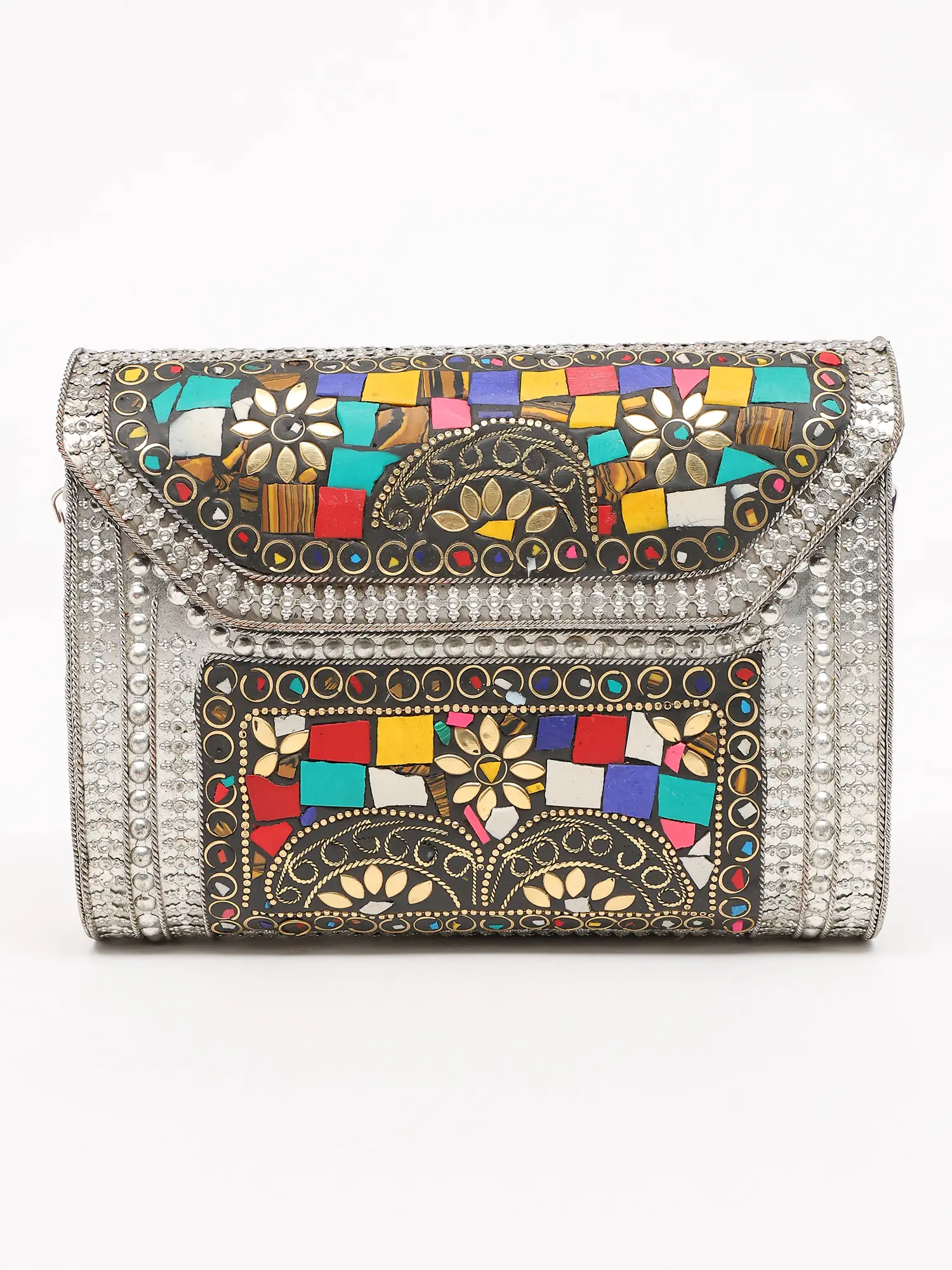 Multicolor Mosaic Stone Metal Clutch Bag with Chain Strap