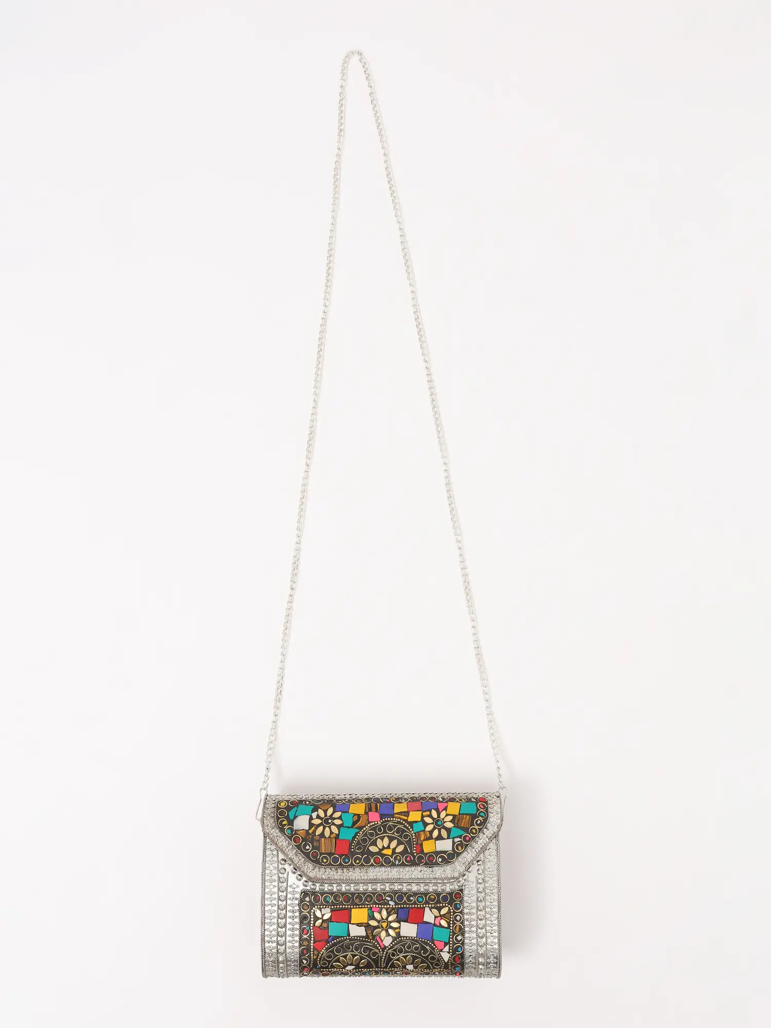 Multicolor Mosaic Stone Metal Clutch Bag with Chain Strap, alternate view