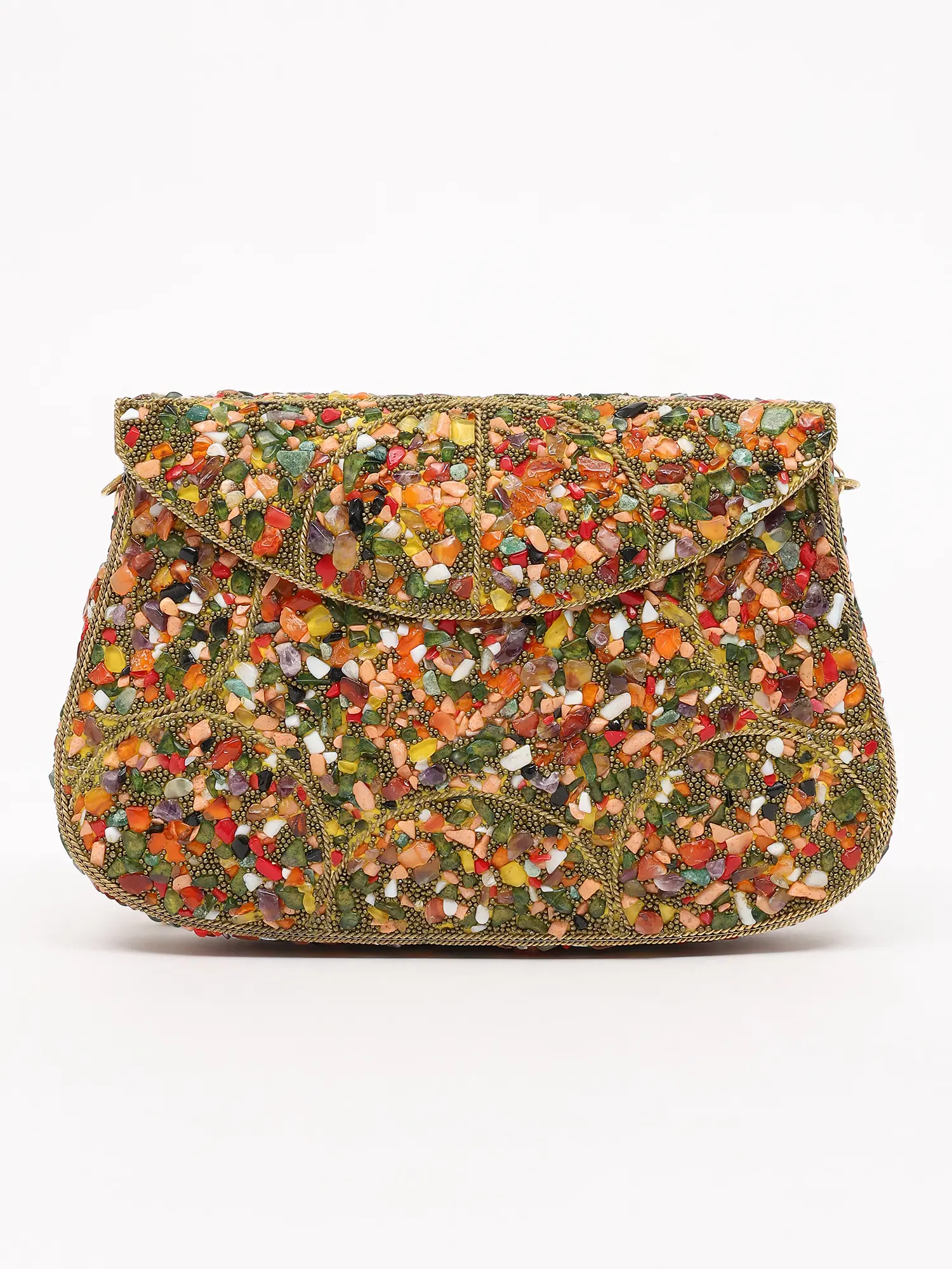 Rainbow Stone Studded Handmade Metal Clutch Bag with Shoulder Chain