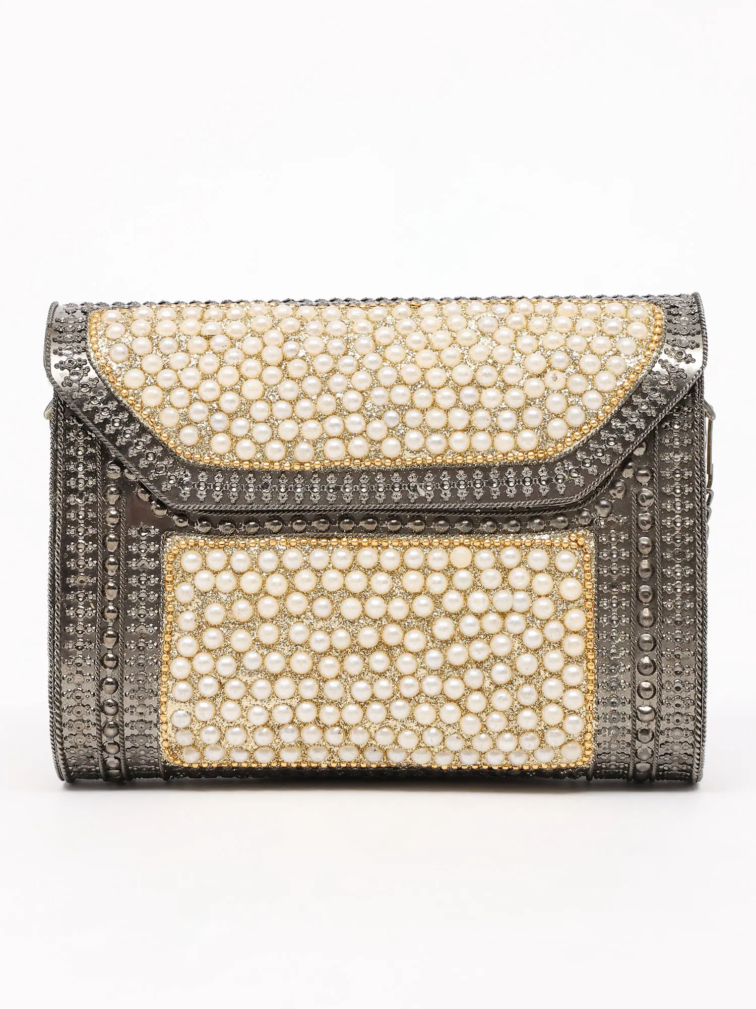 Pearl Beads Studded Box Clutch Bag with Shoulder Chain