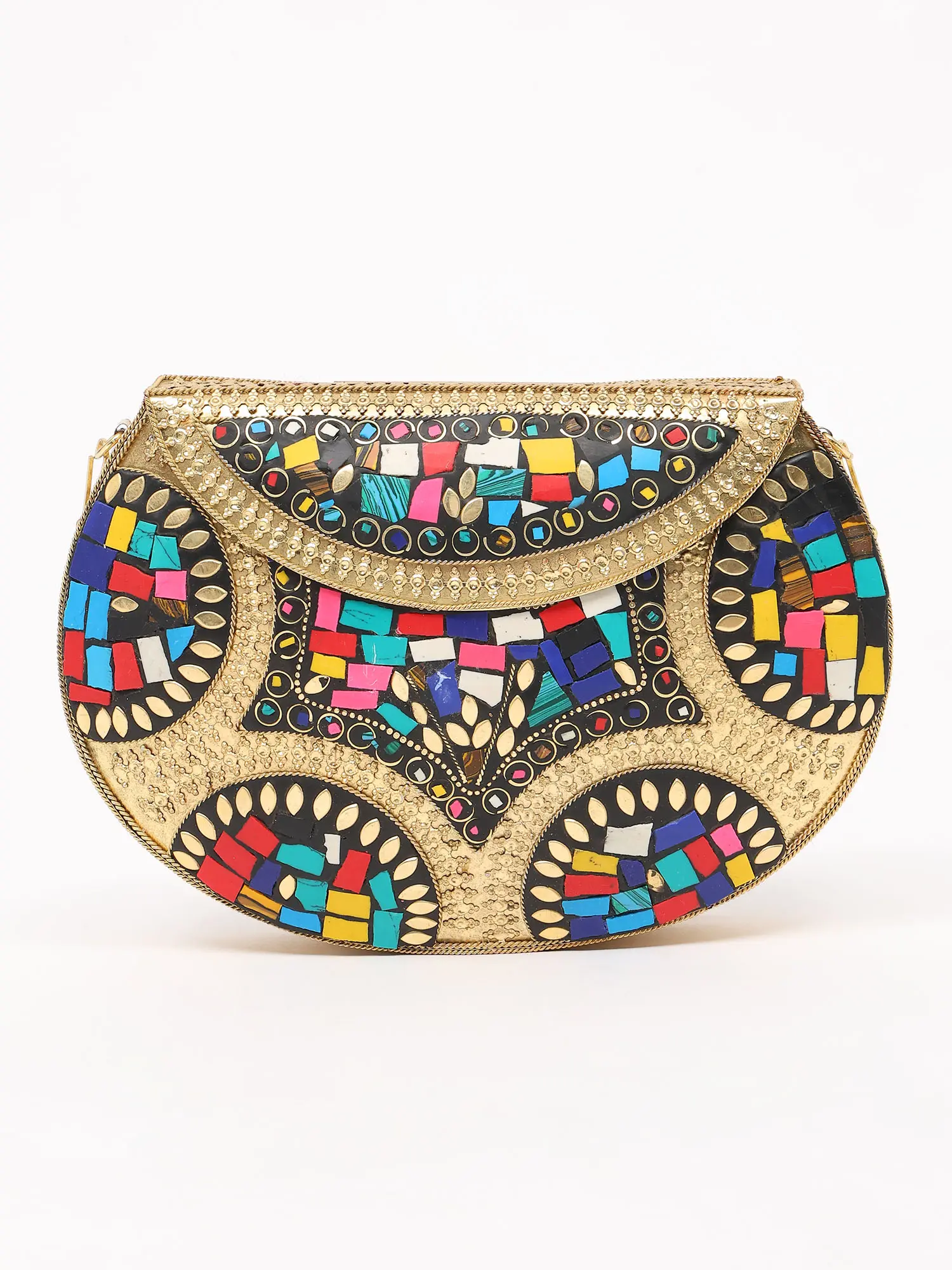 Handmade Clutch Hand Bag with Mosaic Work and Shoulder Chain