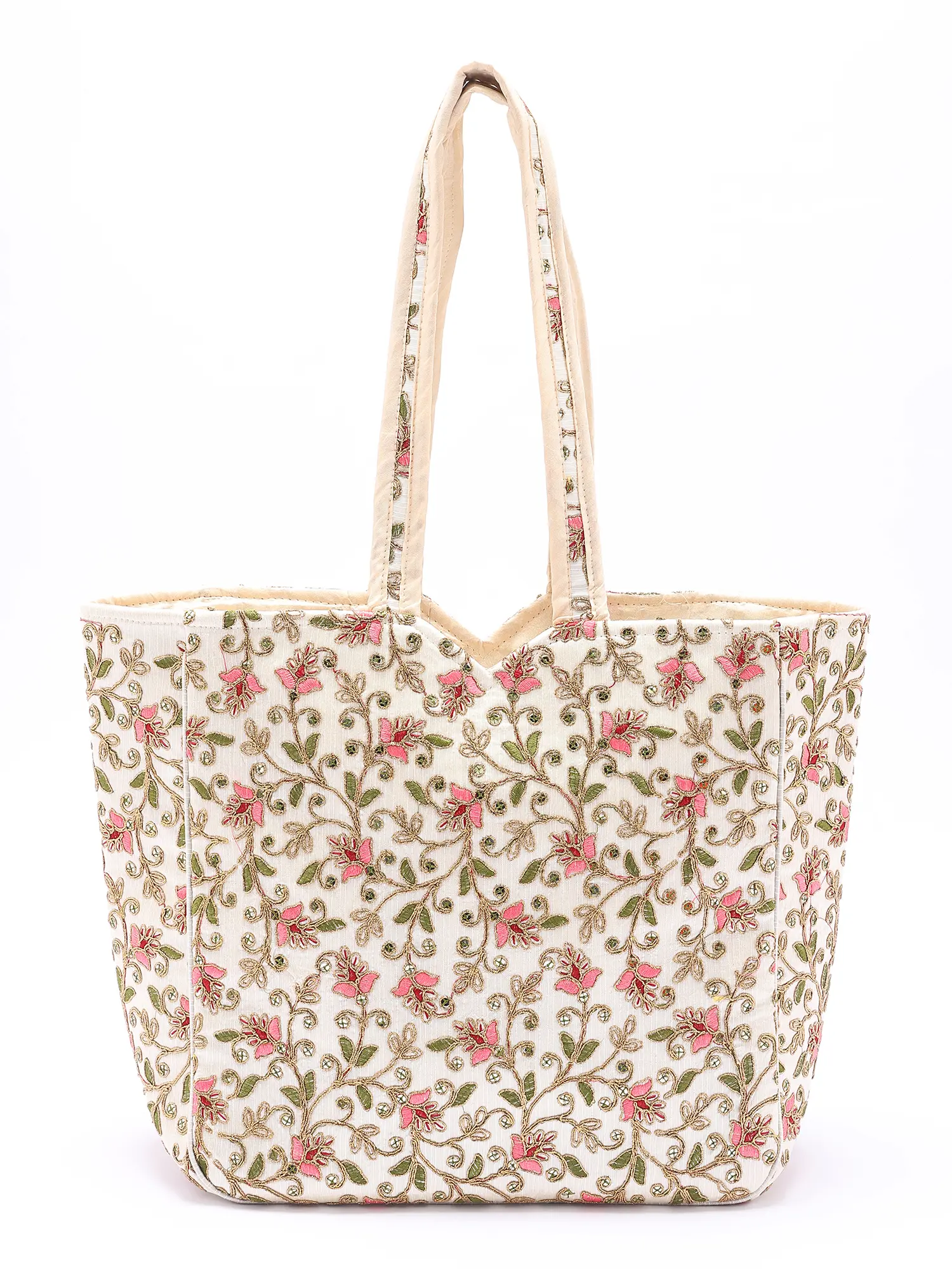 Cannoli-Cream Shoulder Bag with Zari Embroidered Floral Vines Motifs