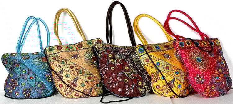 Lot of Five Floral Handbags with Beads and Mirrors Exotic India Art