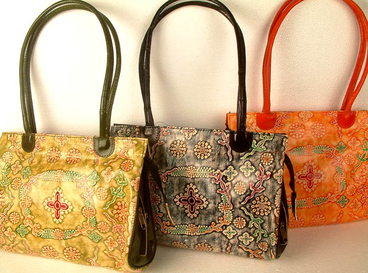 Lot of Three Shantiniketan Bags with Multi-Color Print | Exotic India Art
