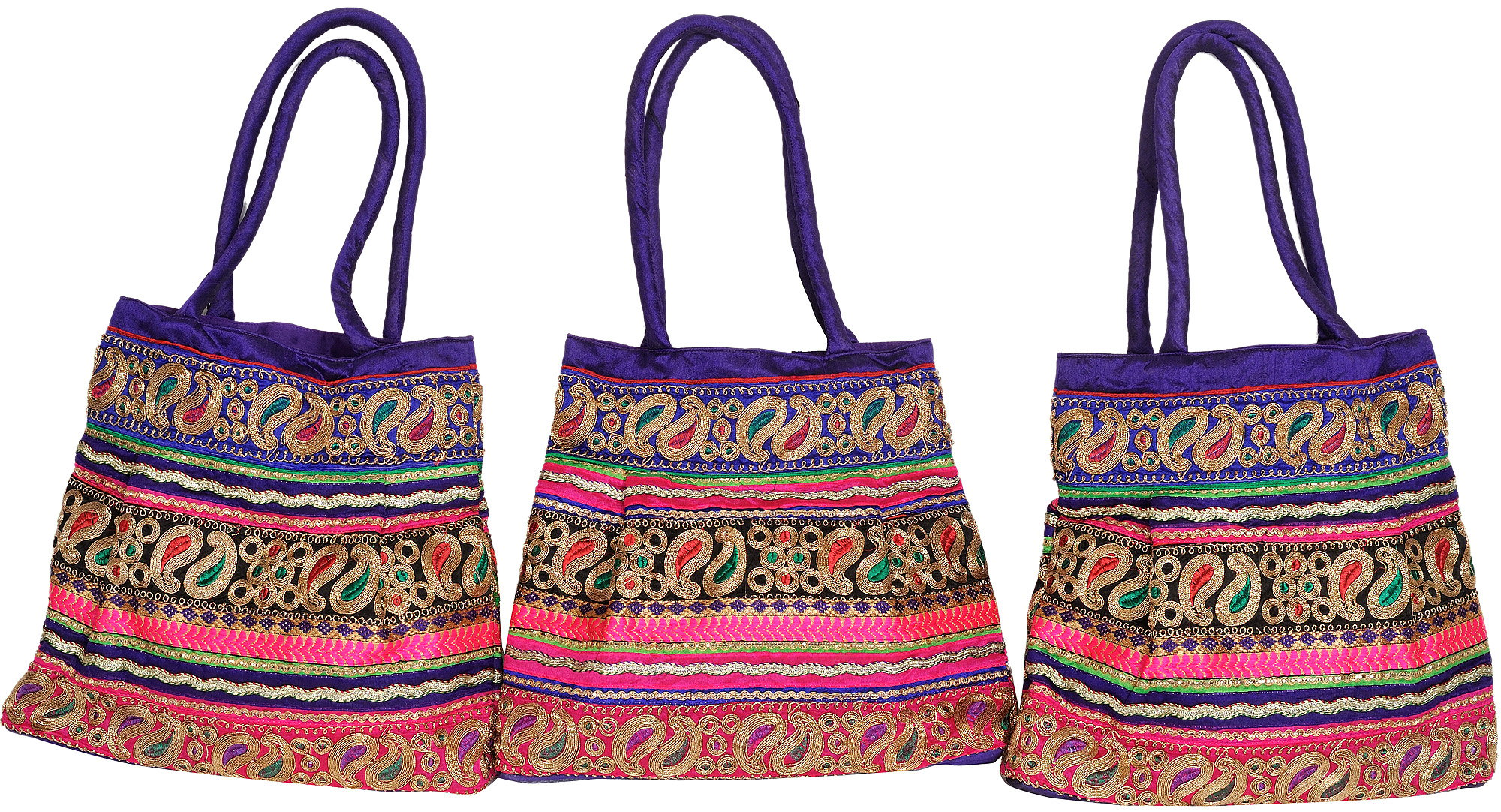 Lot of Three Shopper Bags with Embroidered Paisleys in Metallic Thread
