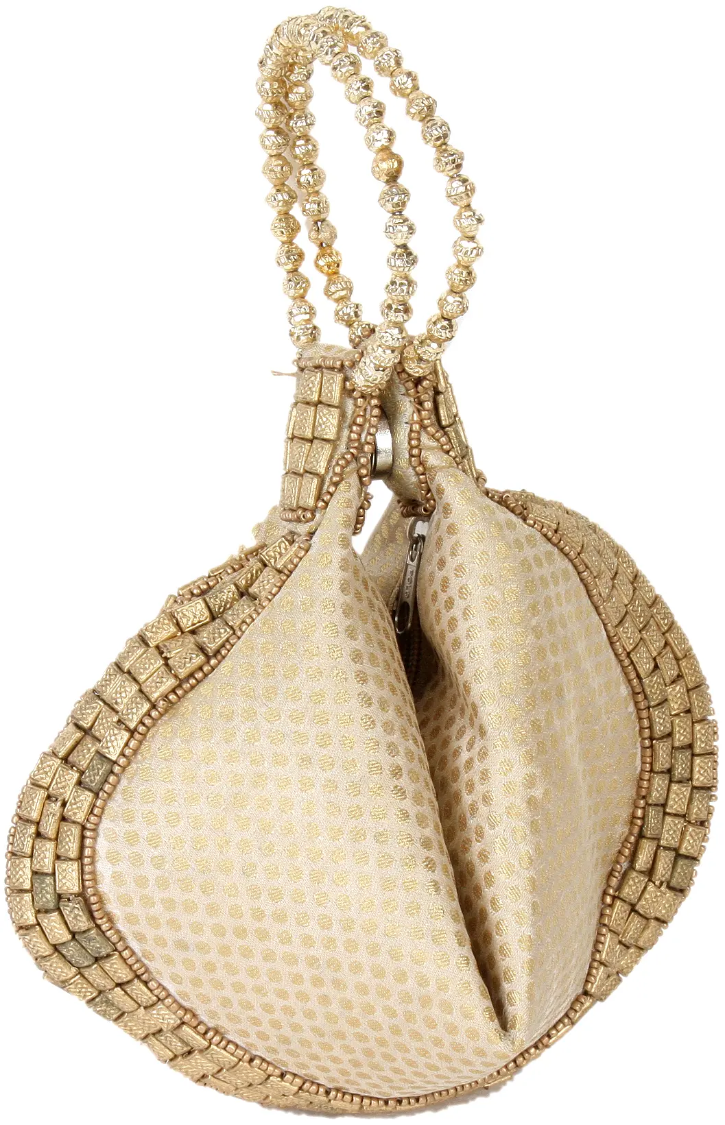 Ivory and Golden Bracelet Bag with Brocade Weave and Beadwork