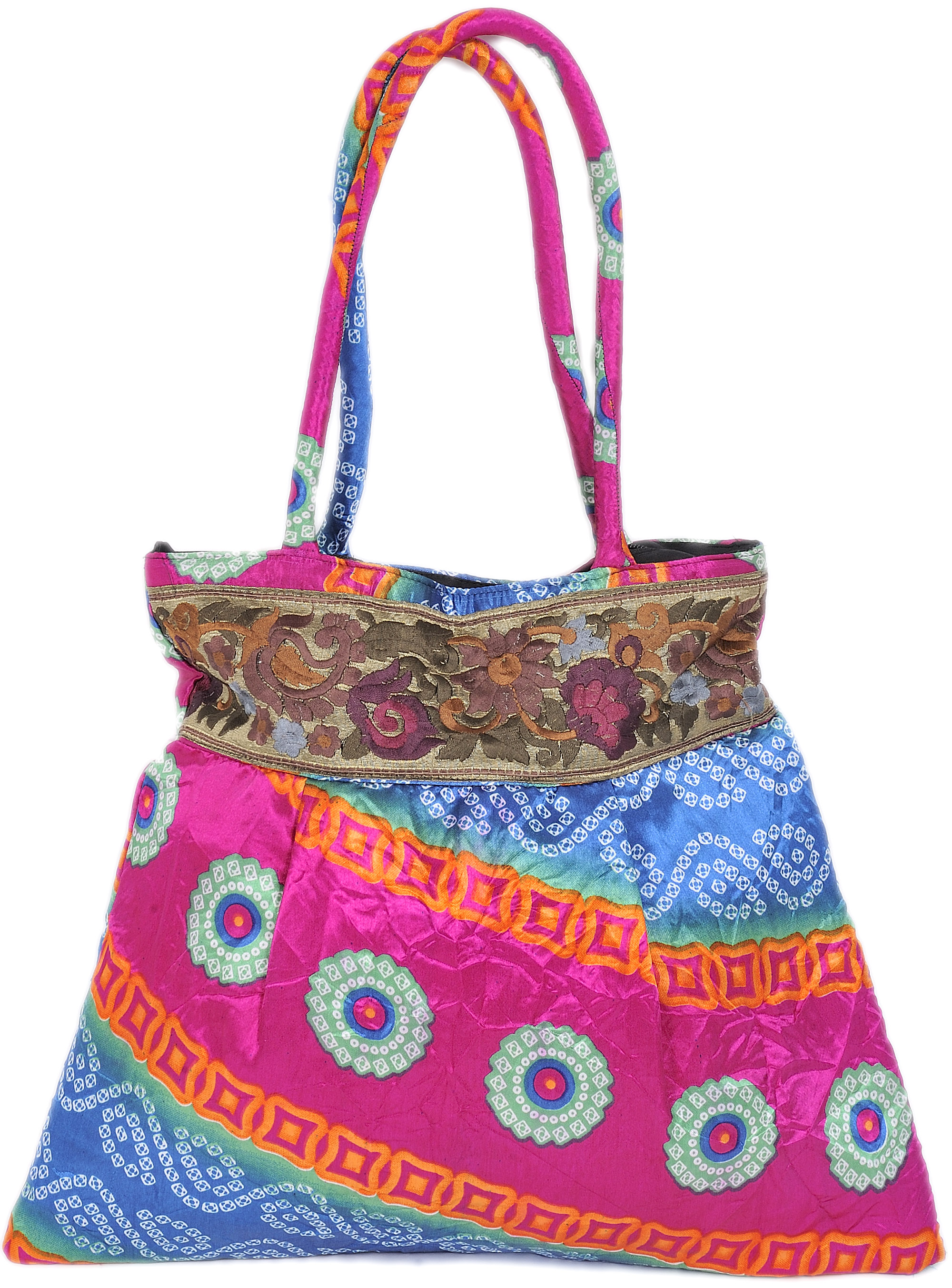 Satin Shopper Bag with Embroidered Patch Border and Bandhani Print