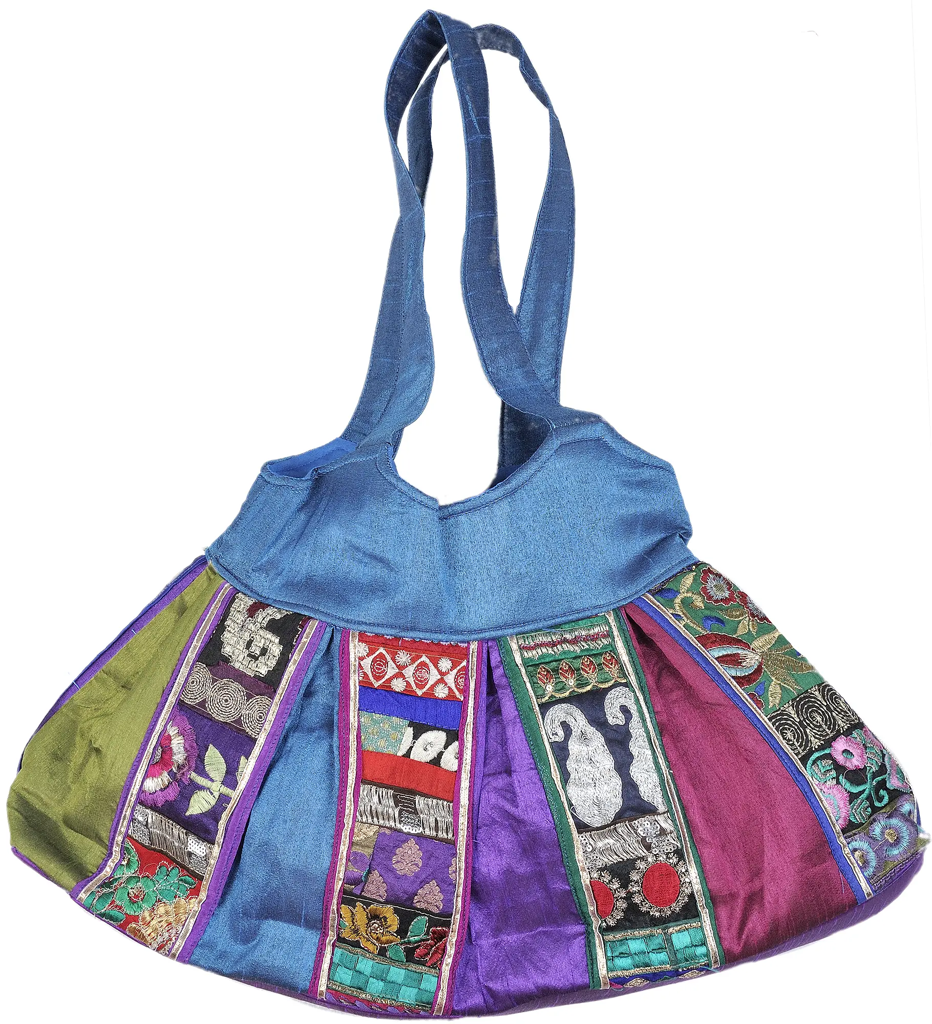 Multi-Color Shopper Bag with Metallic Thread Embroidered Flowers and Paisleys