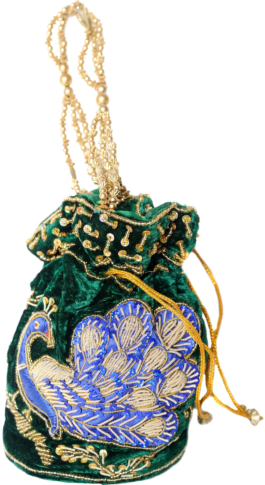 Drawstring Potli Bags with Zardozi Embroidered Peacock and Sequins, alternate view