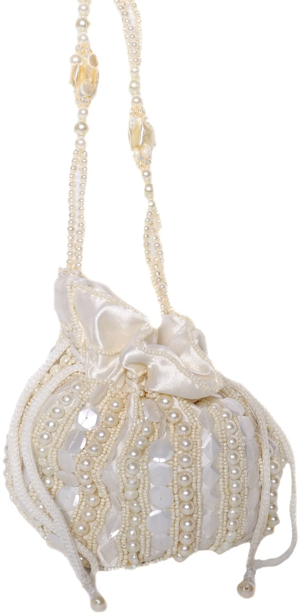 Ivory Potli Drawstring Bag with Embroidered Beads and Faux Pearls