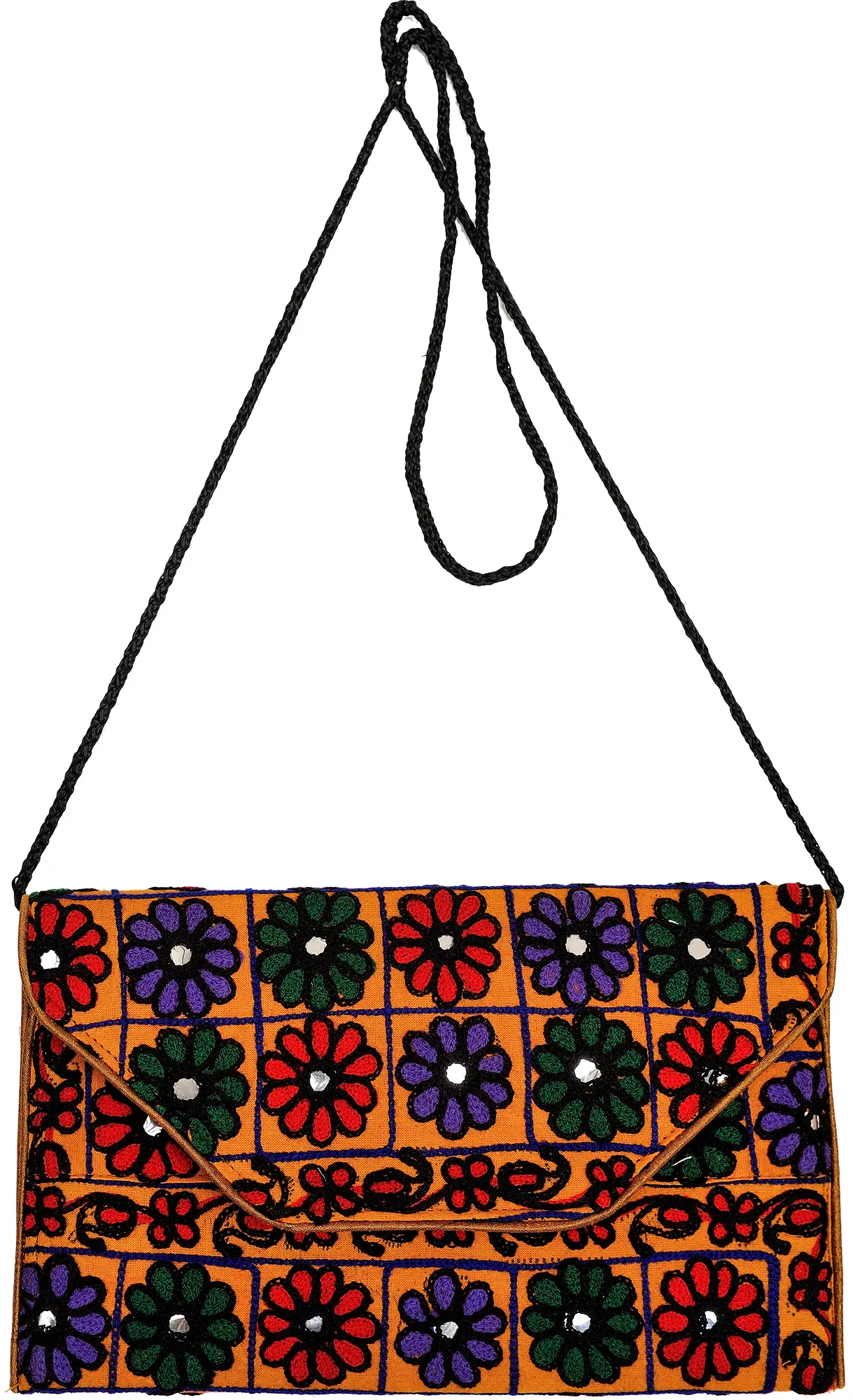 Clutch Bag from Jaipur with Crewel Embroidered Flowers and Mirrors