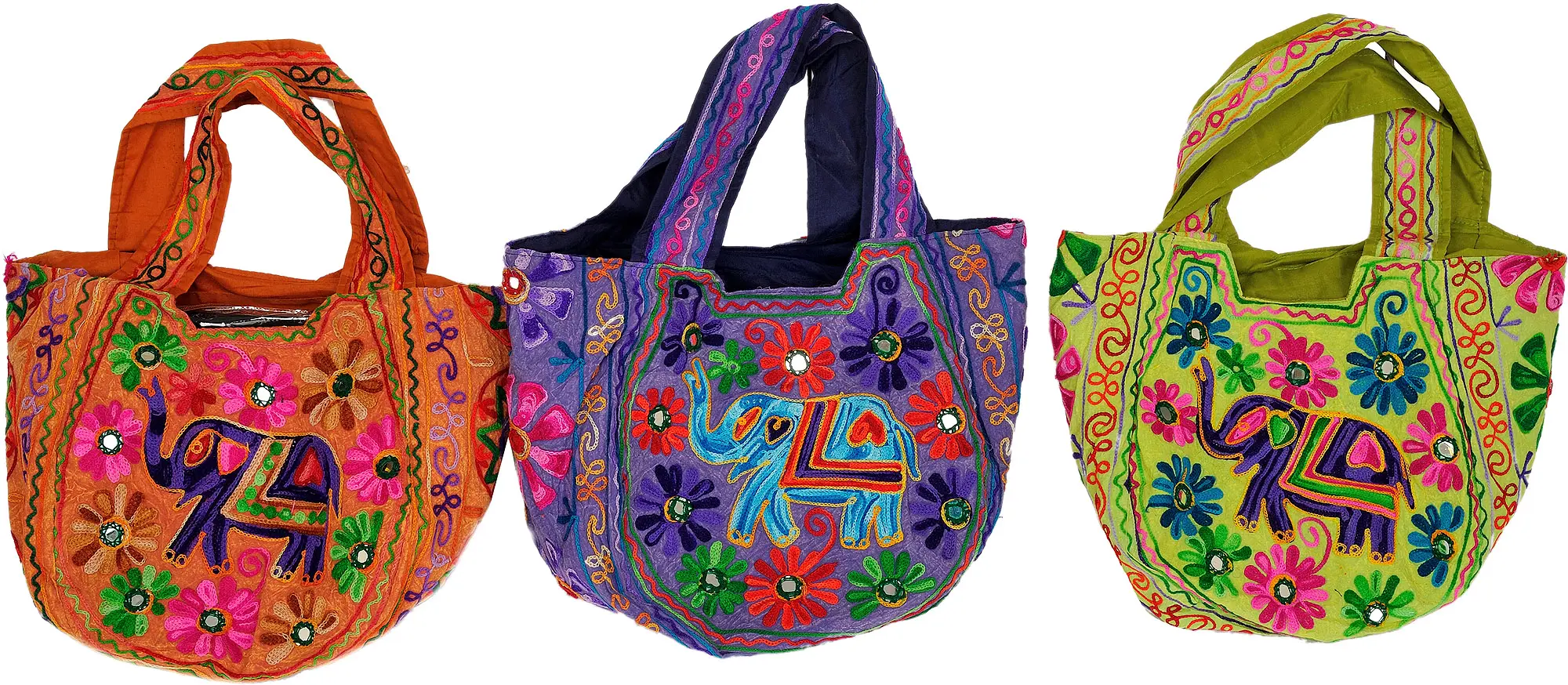 Lot of Three Shopper Bags from Gujarat with Aari Embroidered Elephants