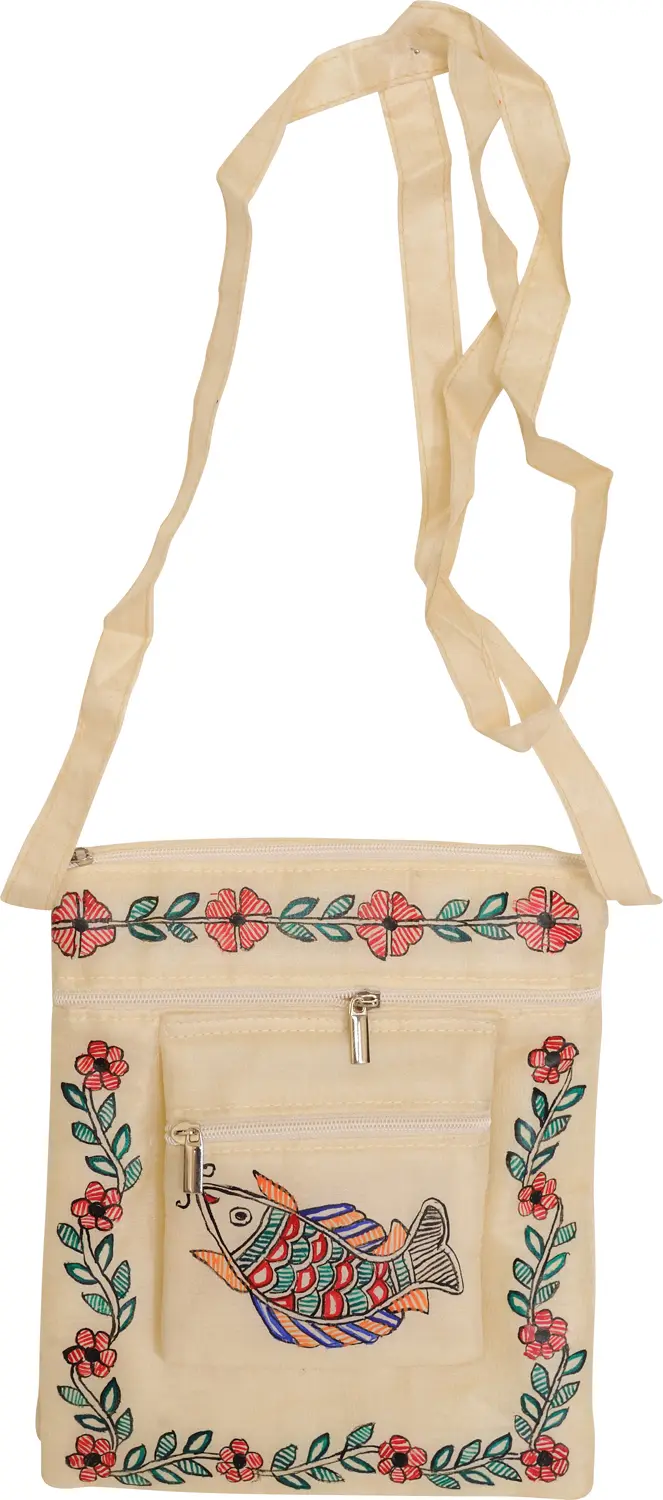 Ivory Sling Bag with Madhubani Hand-Painted Fish