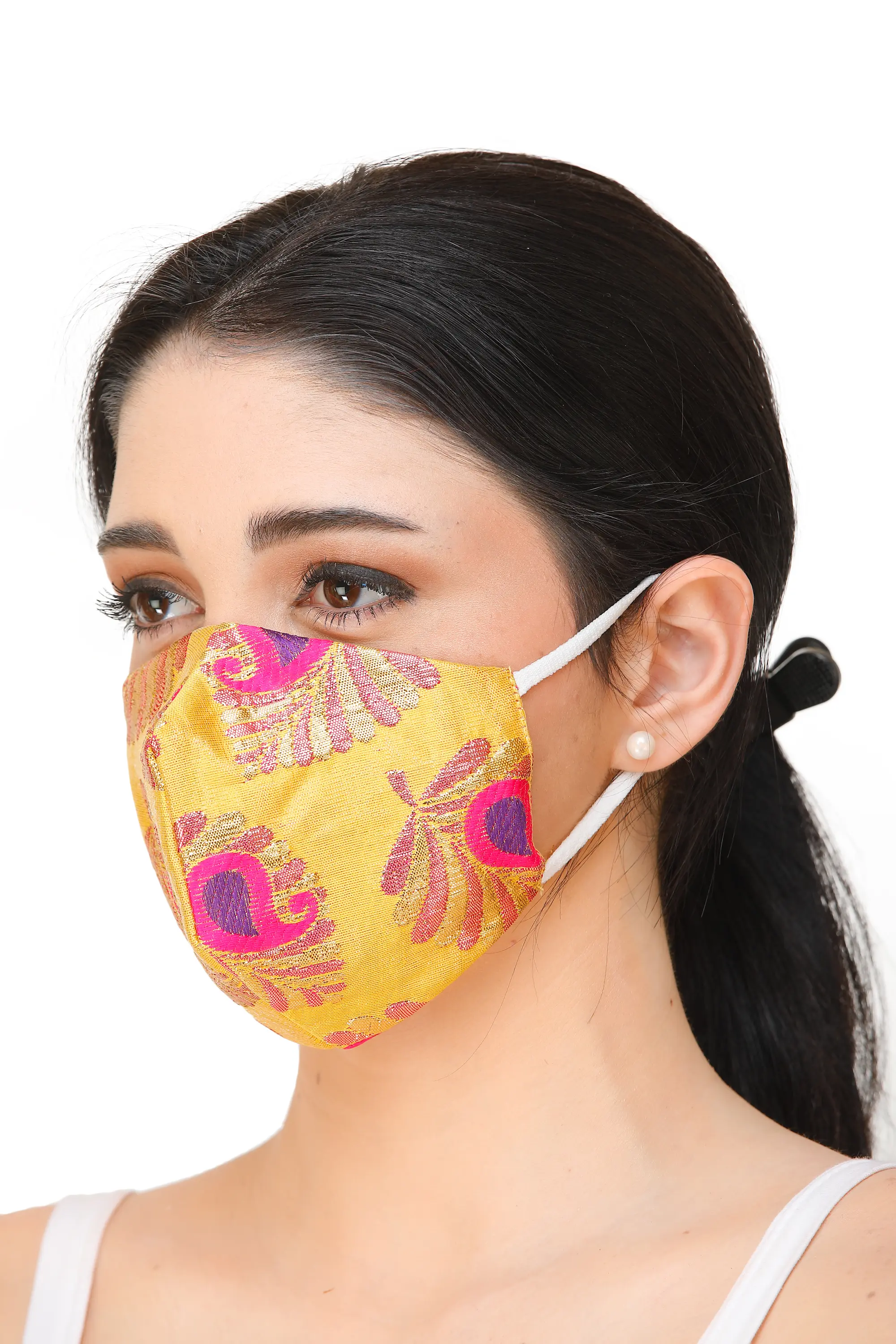 Brocaded Two-ply Fashion Mask from Banaras with Woven Flowers and Cotton-Backing, alternate view