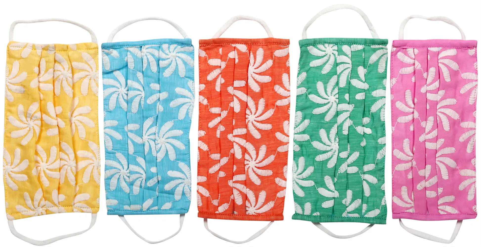 Lot of Five Two-ply Fashion Face Masks from Lucknow with Chikan Embroidery and Cotton-Backing