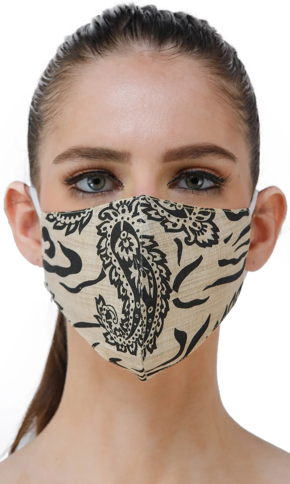 Cream Two Ply Fashion Mask from Jharkhand with Block-Printed Paisleys