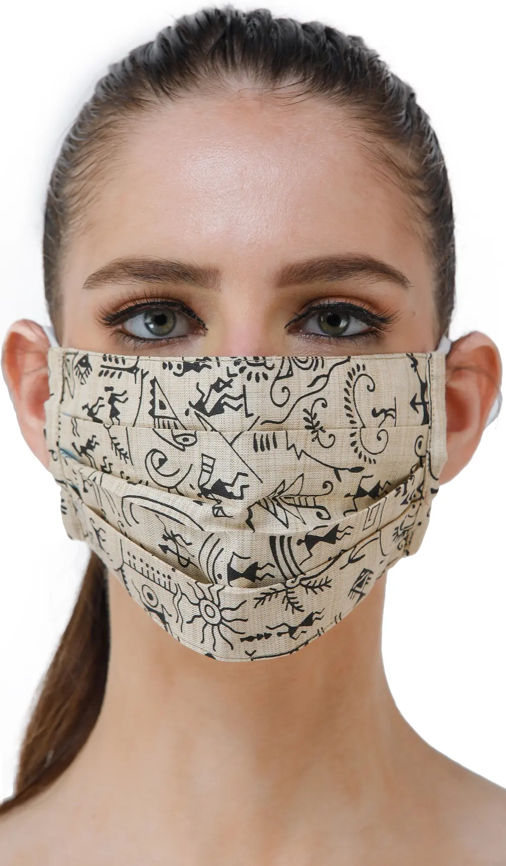 Almond-Oil Two Ply Fashion Mask from Jharkhand with Printed Warli Folk Motifs