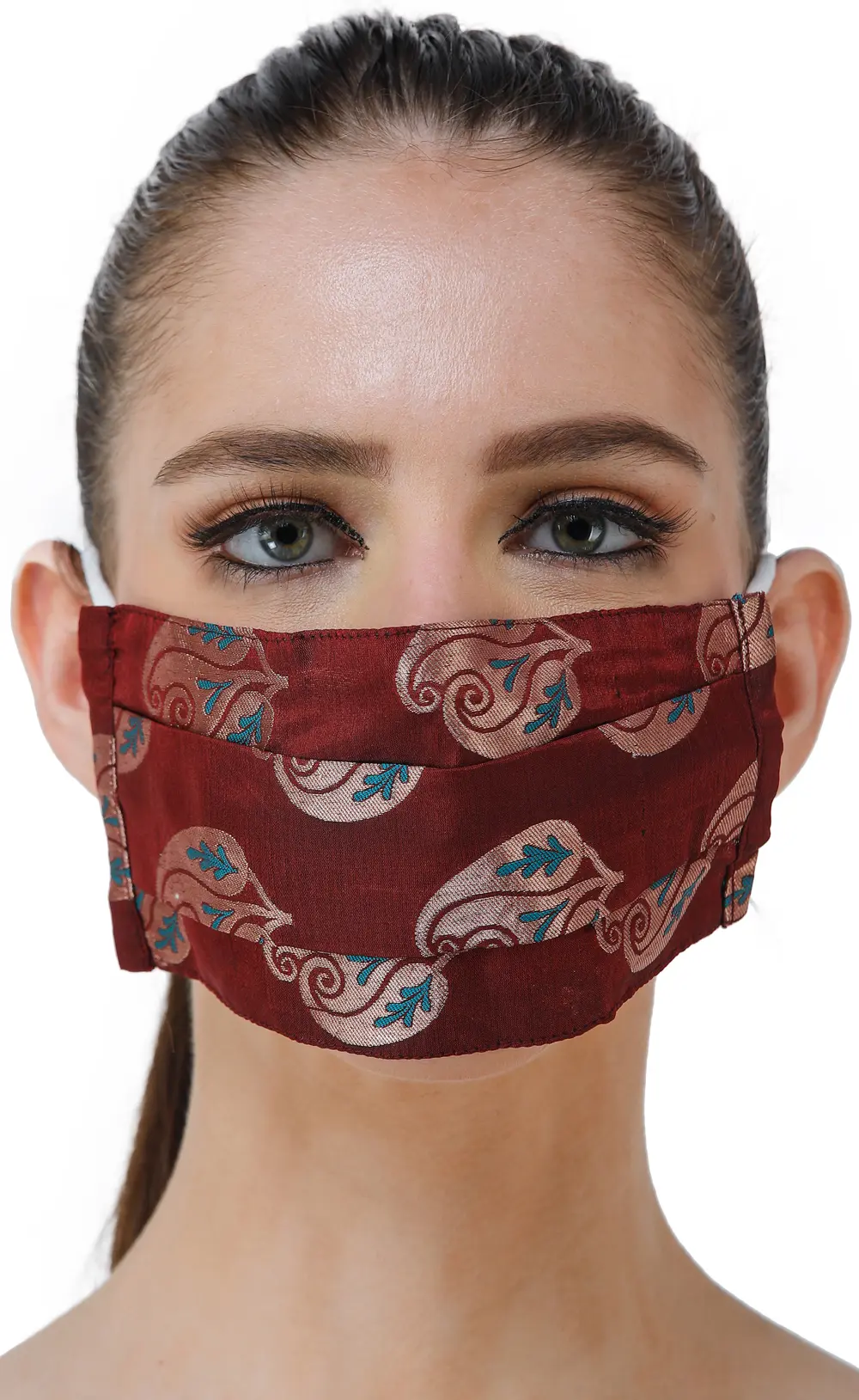 Maroon Katan Handloom Fabric Two Ply Fashion Mask from Banaras with Paisleys Woven in Circular Bootis