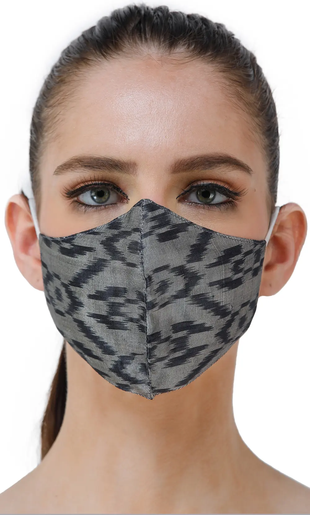 Gray and Black Handloom Silk Two Ply Fashion Mask with Ikat Weave from Pochampally