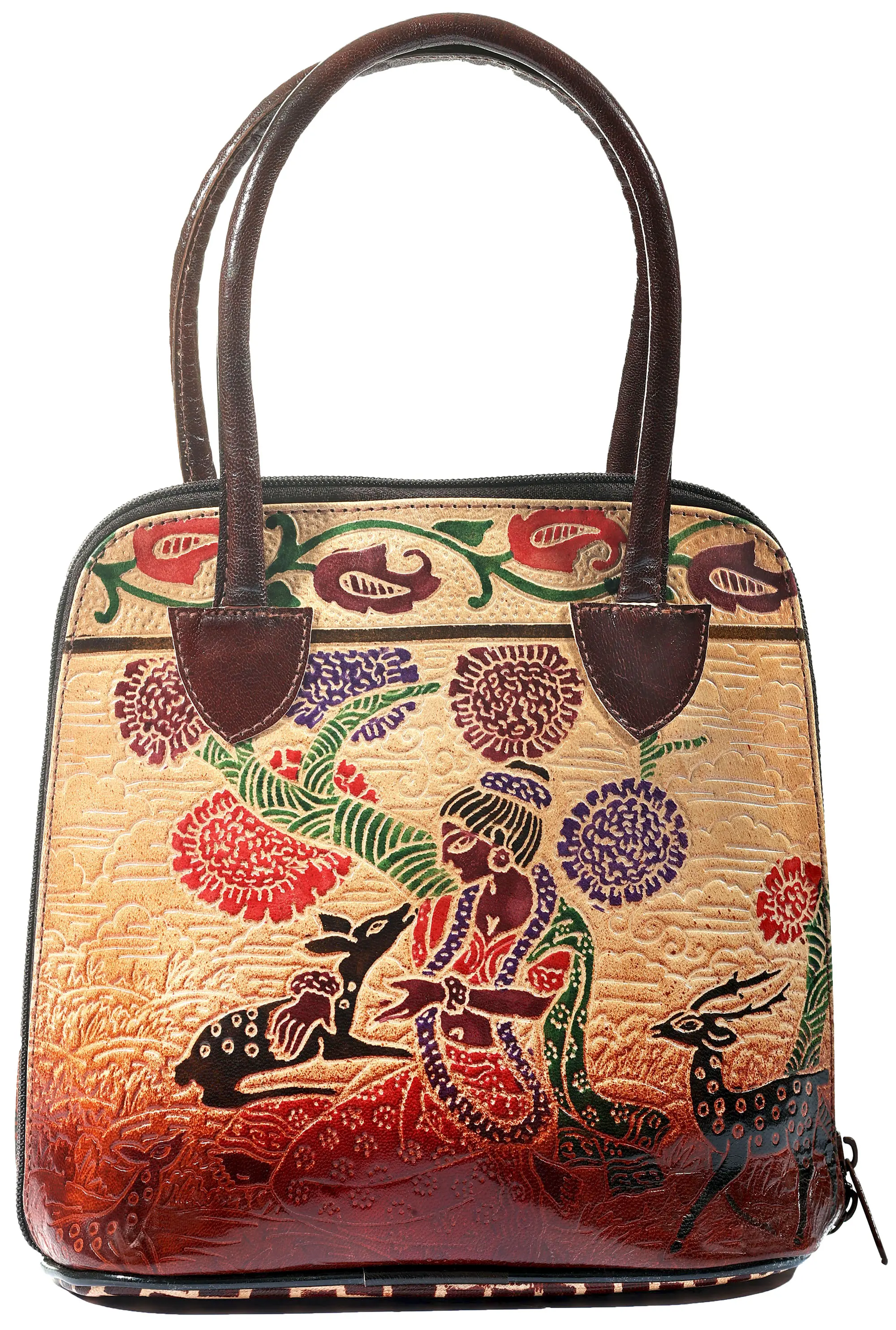 Pure Leather Boho Hand-Bag from Shantiniketan Kolkata, Hand-Carved and Hand-Painted with Non-Toxic Vegetable Dyes