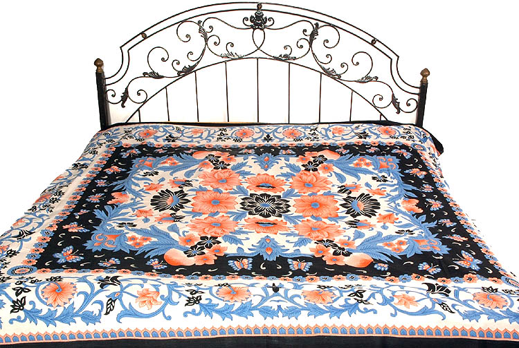 Black and White Floral Printed Bedspread Exotic India Art