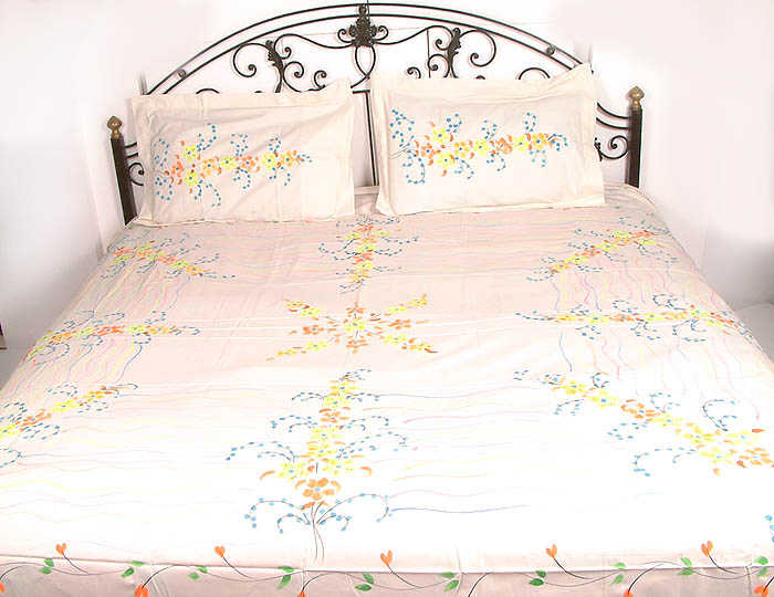 Ivory Floral Painted Bedspread Exotic India Art