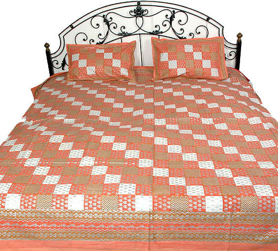 Orange Printed Bedspread with Silver Paint Exotic India Art