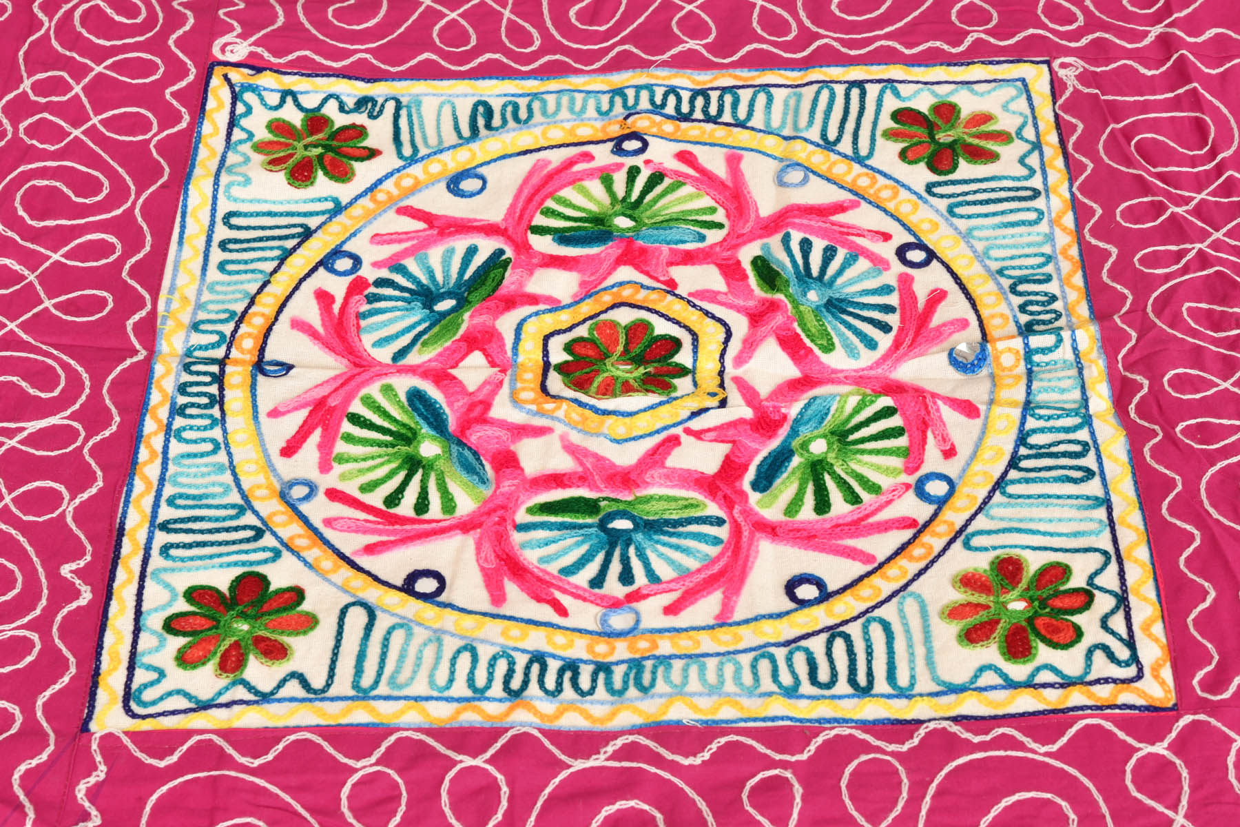 Ivory Gujarati Bedspread with Floral-Embroidery and Mirrors