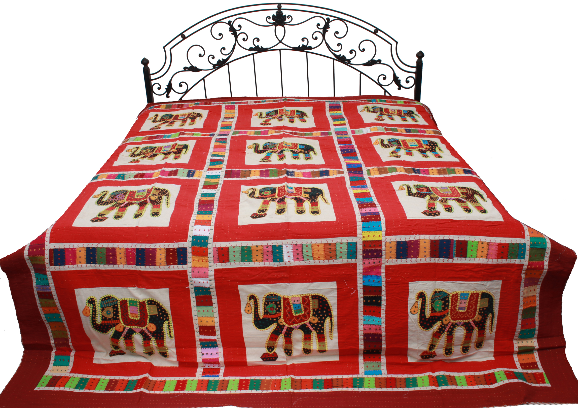 Bedspread from Gujarat with Applique Elephants and Kantha Embroidery
