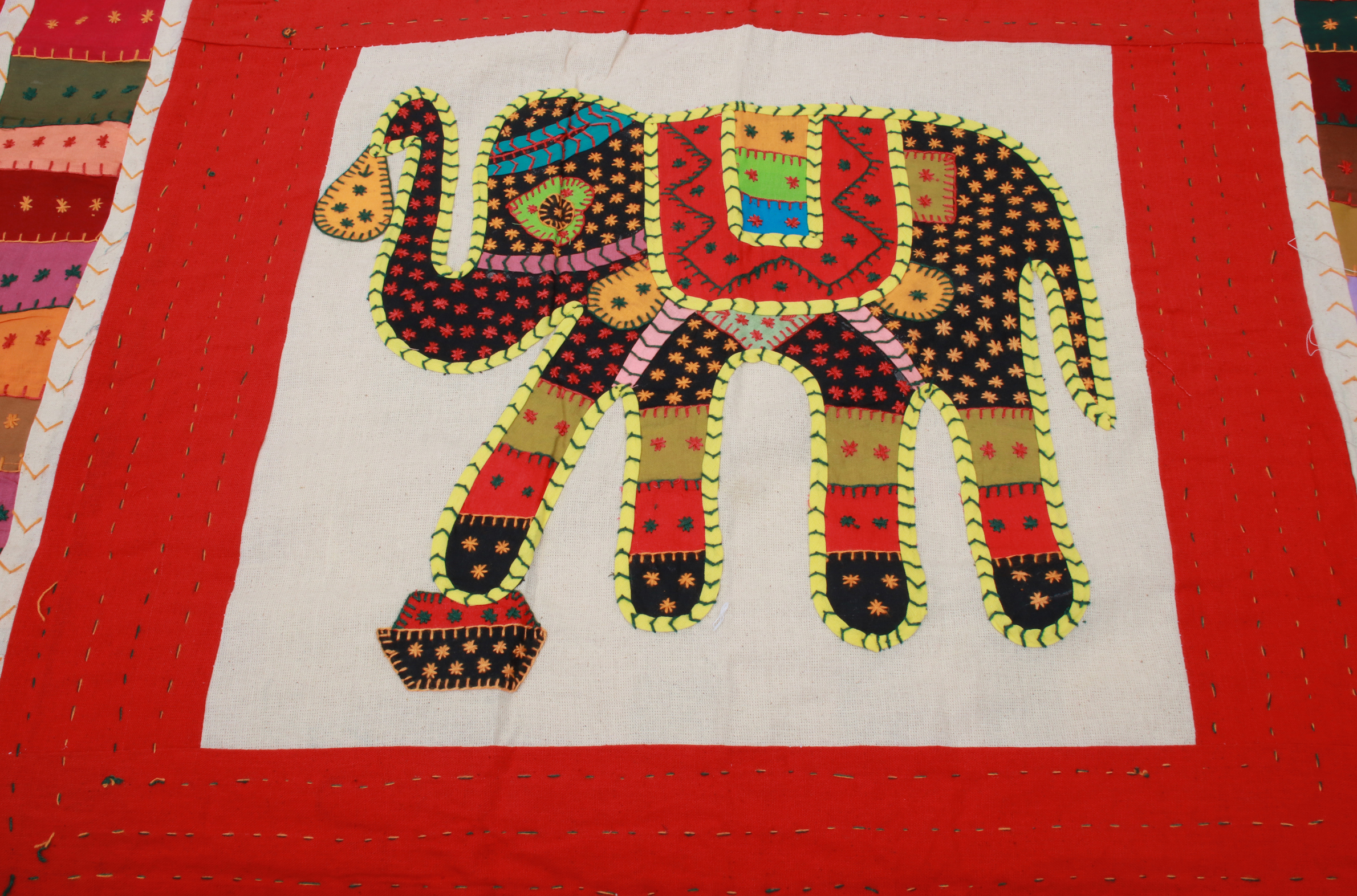 Bedspread from Gujarat with Applique Elephants and Kantha Embroidery