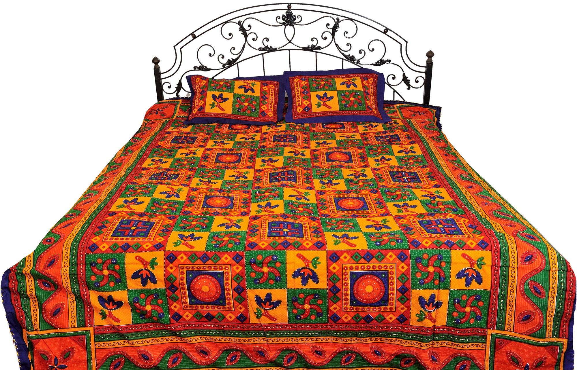 Multi-Color Sanganeri Bedspread with Printed Flowers and Kantha ...