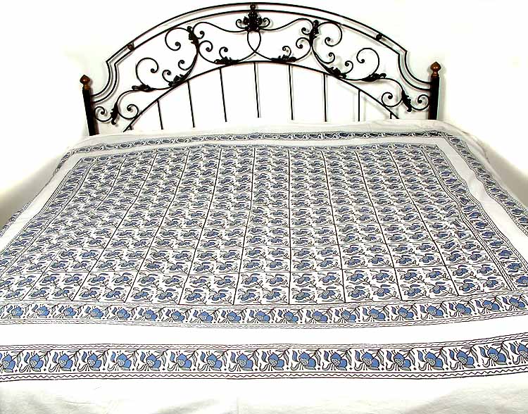 White Sanganeri Bedspread with Floral Print Exotic India Art