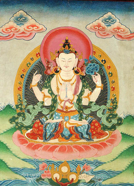 Chenrezig (Antiquated Thangka) | Exotic India Art