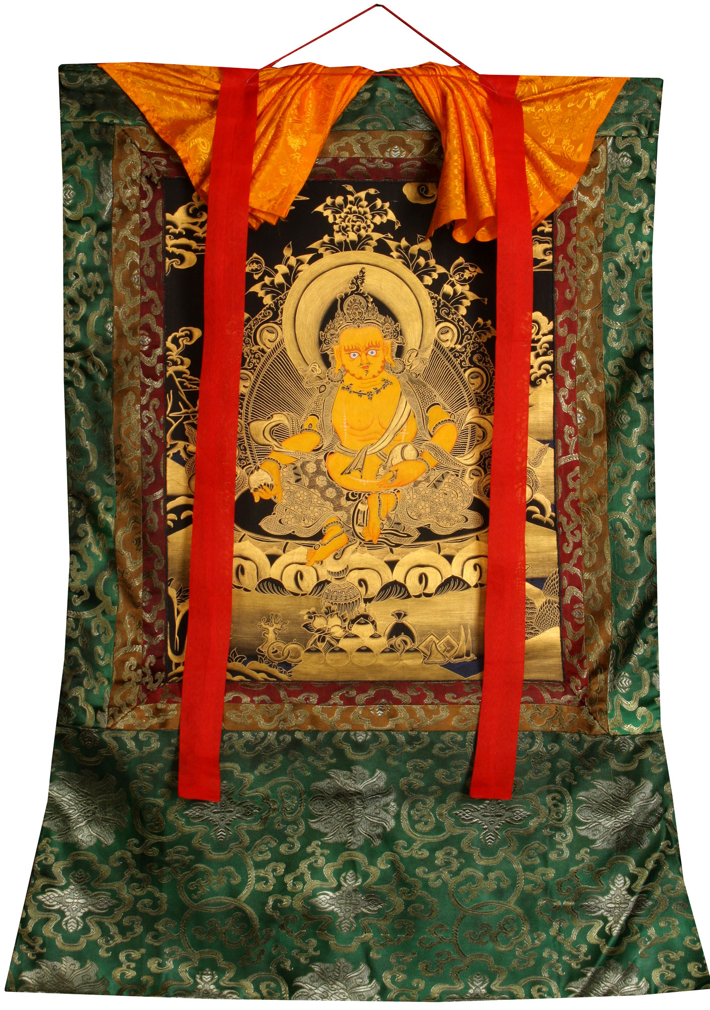 36" Tibetan Silk Cloth Yellow Jambhala Wealth God Buddha Statue Thangka Thanka 