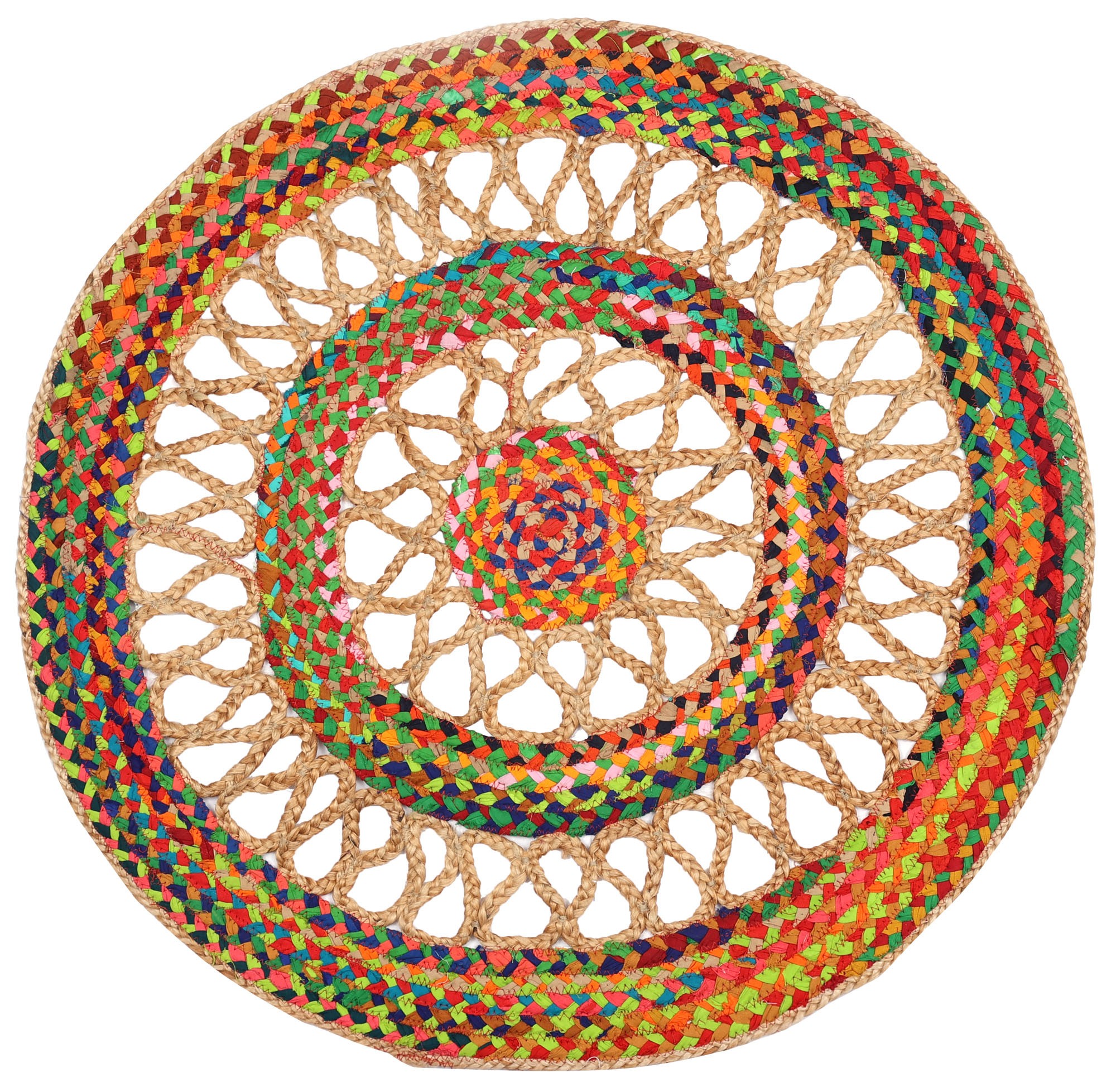 TropicalSunset HandCrafted Upcycled Jute and Cotton Circular Yoga Mat