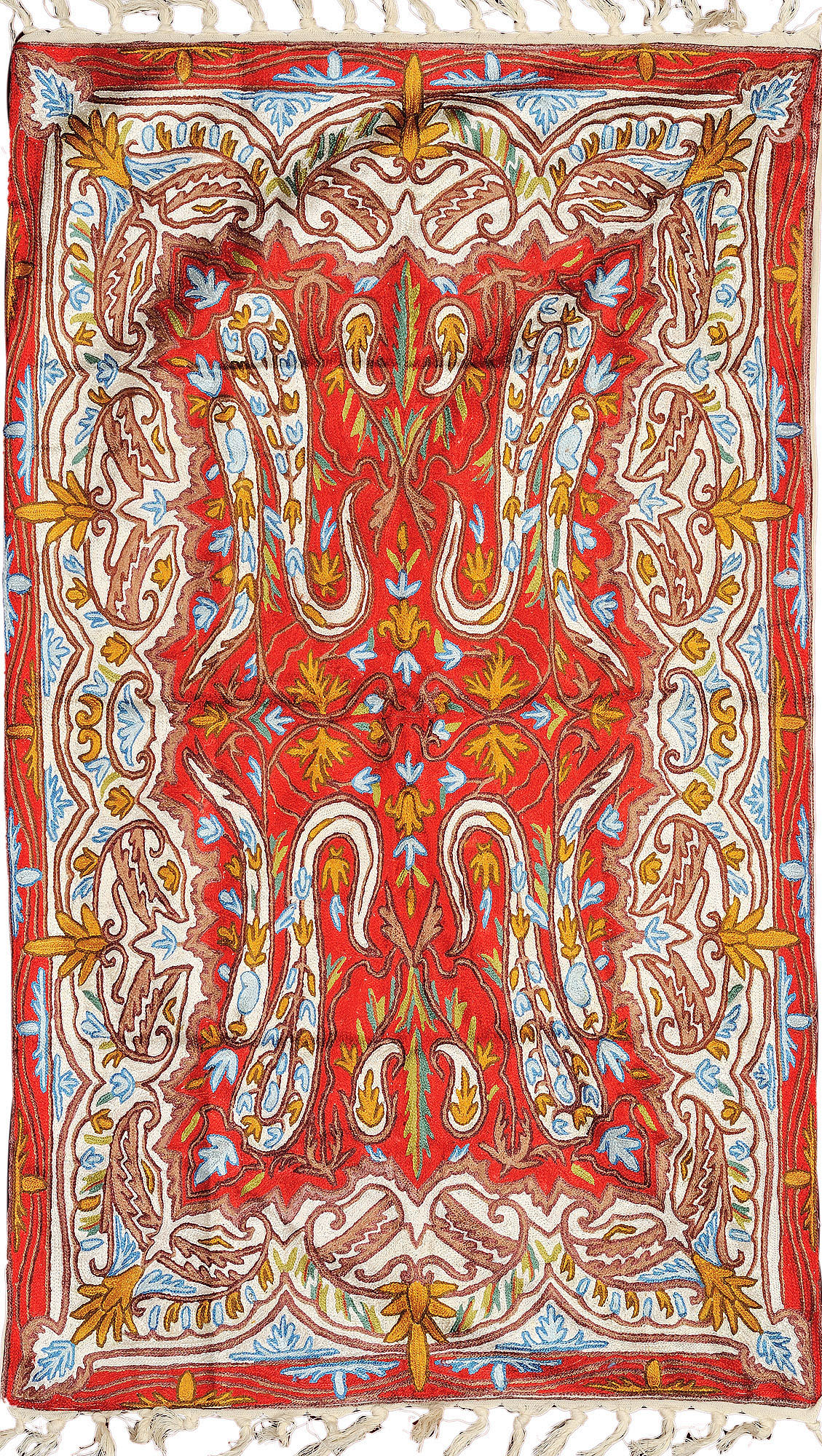 Coral-Reef Handloom Carpet from Kashmir with Knotted Flowers