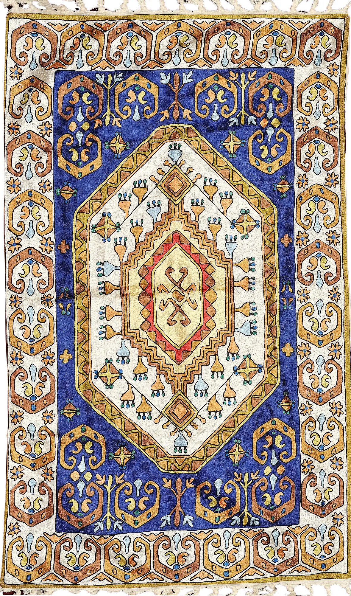 Resham on Canvas Blue and White Embroidered Asana Mat from Kashmir with Persian Design 