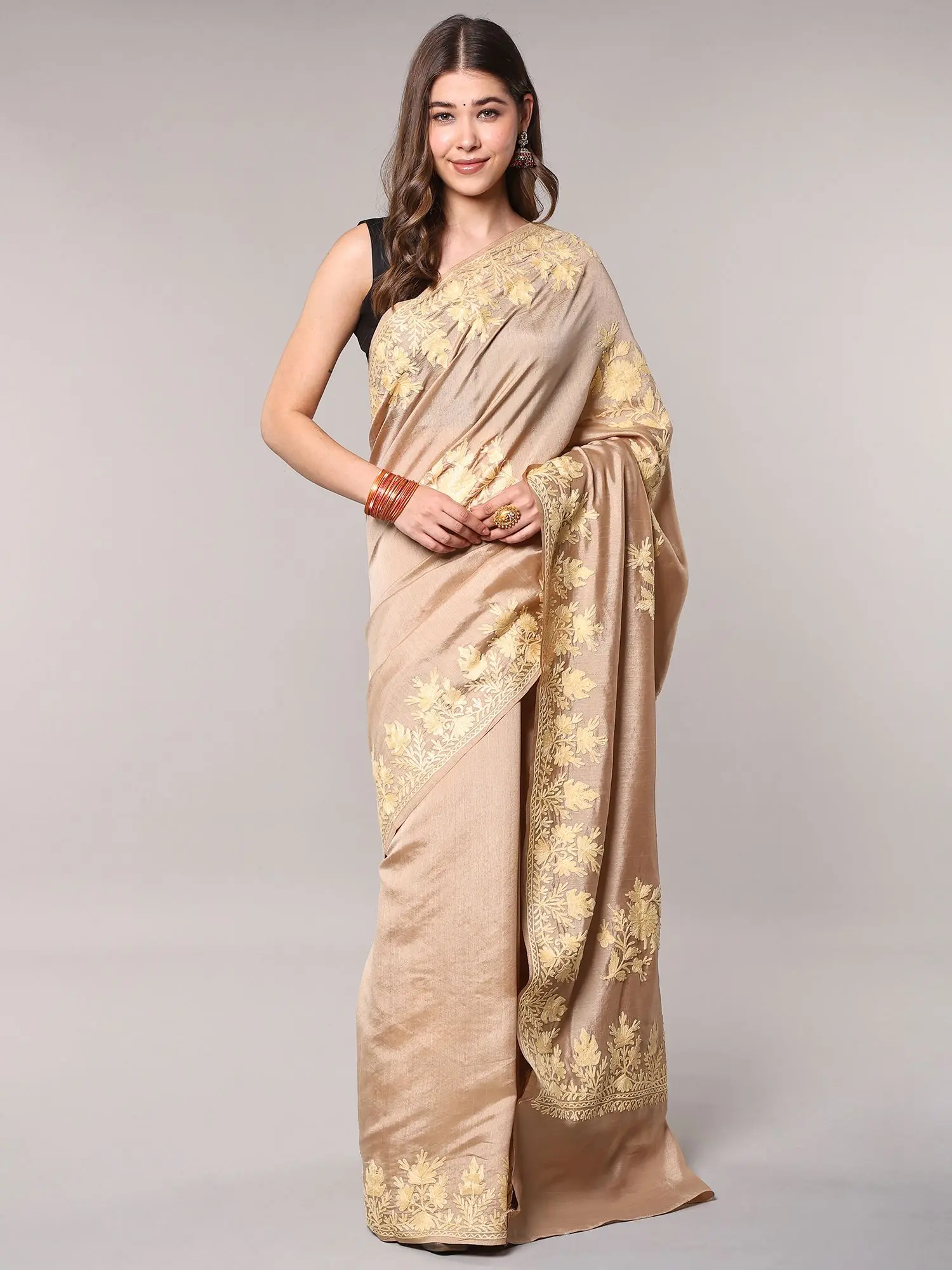 Irish-Cream Kashmiri Saree with Aari Embroidered Floral Motifs and Maple Border