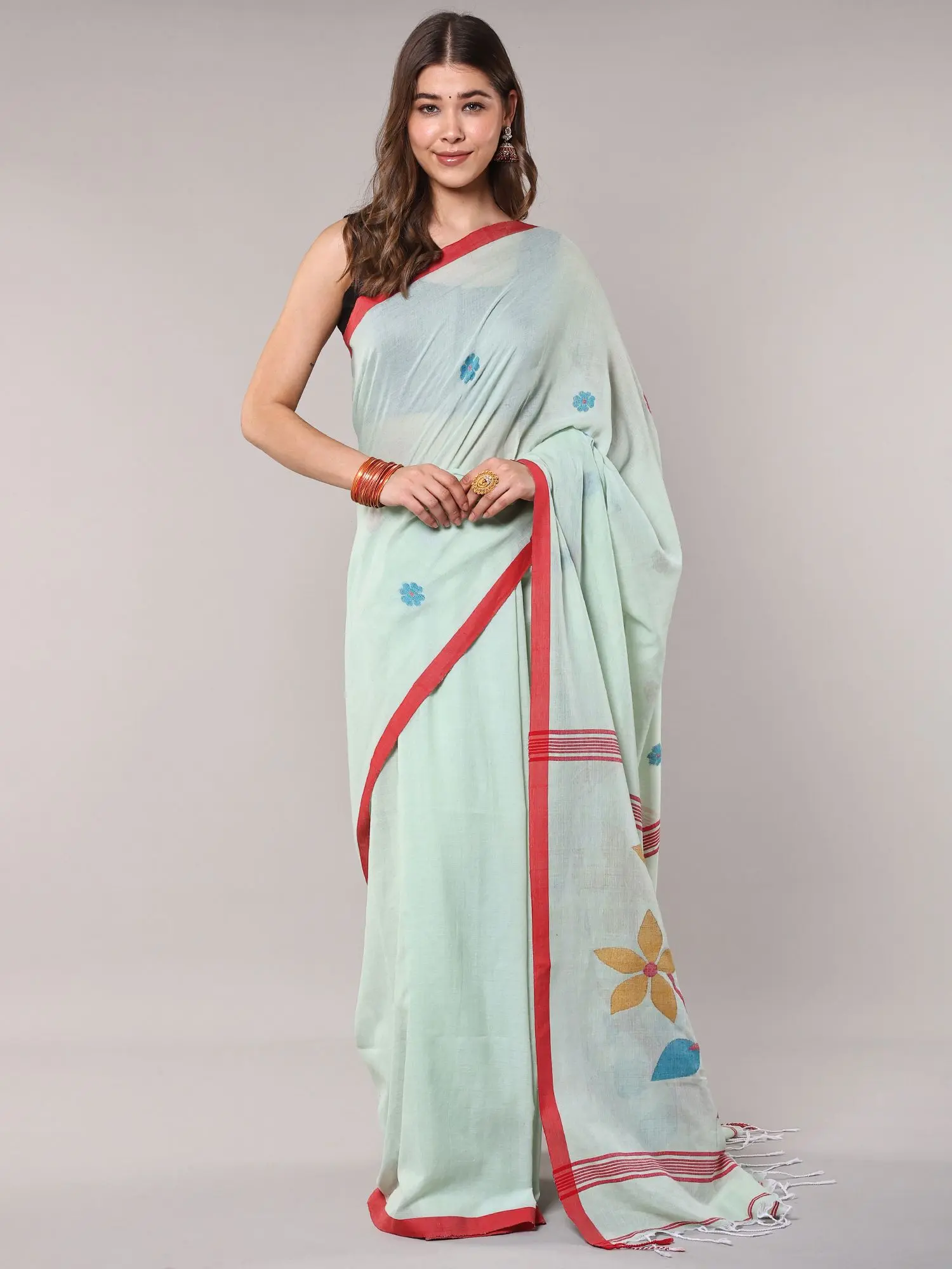 Green-Tint Pure Cotton Saree with Woven Bootis and Flowers on Pallu from Bengal